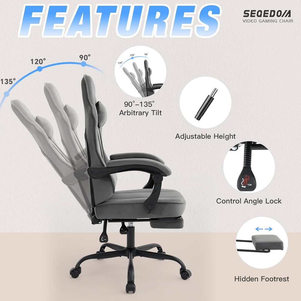 segedom Gaming Chair Technology Fabric Computer Chair with Pocket Spring Cushion, Comfortable Ergonomic Gamer Chair for Adults, Massage Game Chair with Footrest,Reclining Chair, Home,Office,Teens,Grey