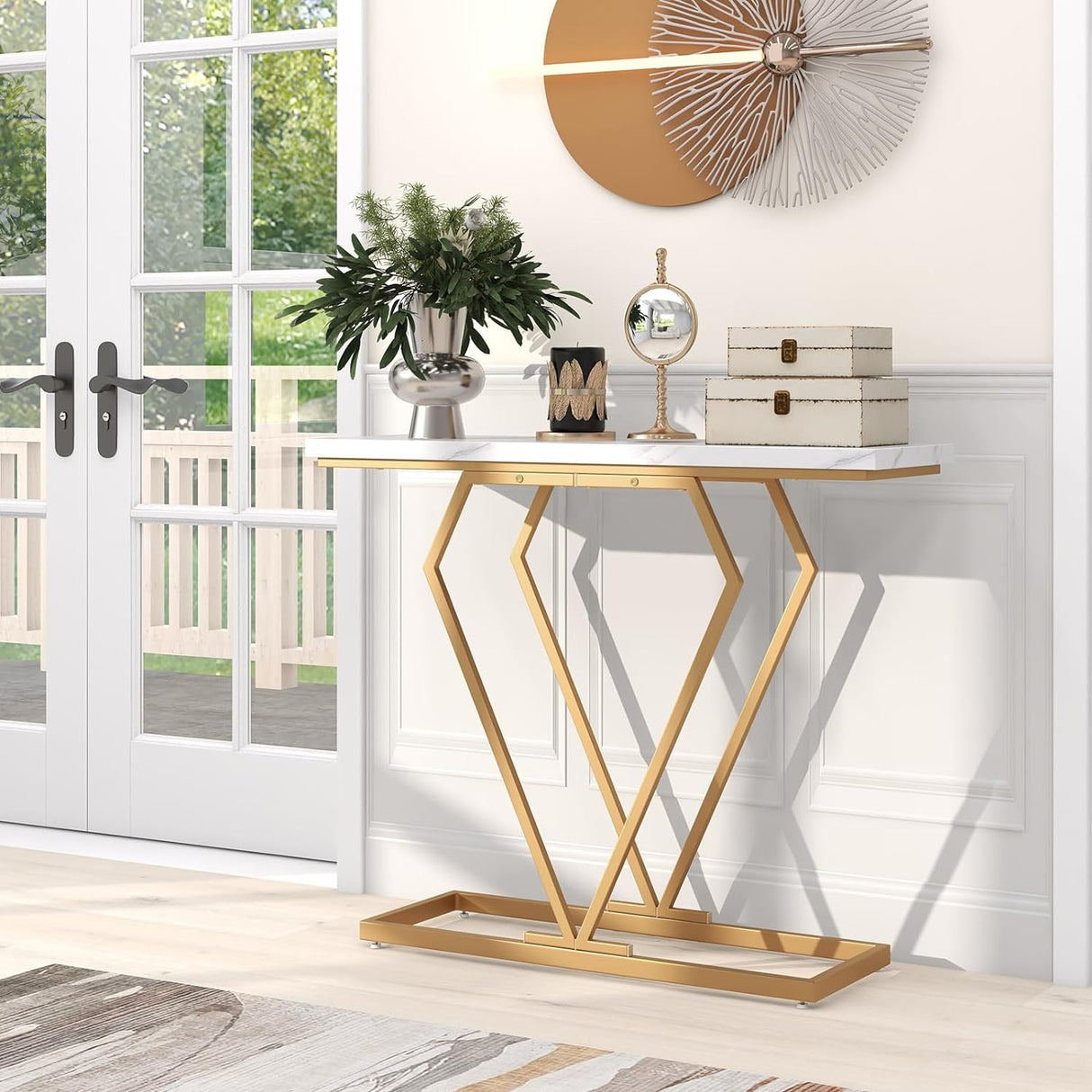 Modern Console Table, Faux Marble Narrow Entryway Table with Diamond Shape Geometric Frame, 100 cm Modern Accent Table with Anti-Tipping Device for Living Room Hallway Entrance, White & Gold