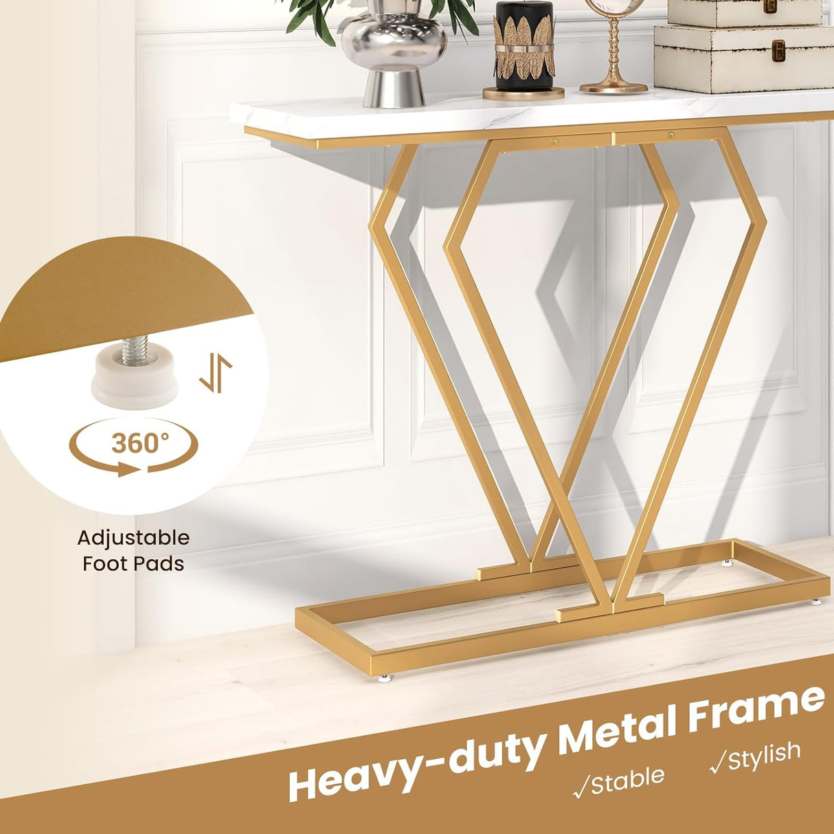 Modern Console Table, Faux Marble Narrow Entryway Table with Diamond Shape Geometric Frame, 100 cm Modern Accent Table with Anti-Tipping Device for Living Room Hallway Entrance, White & Gold