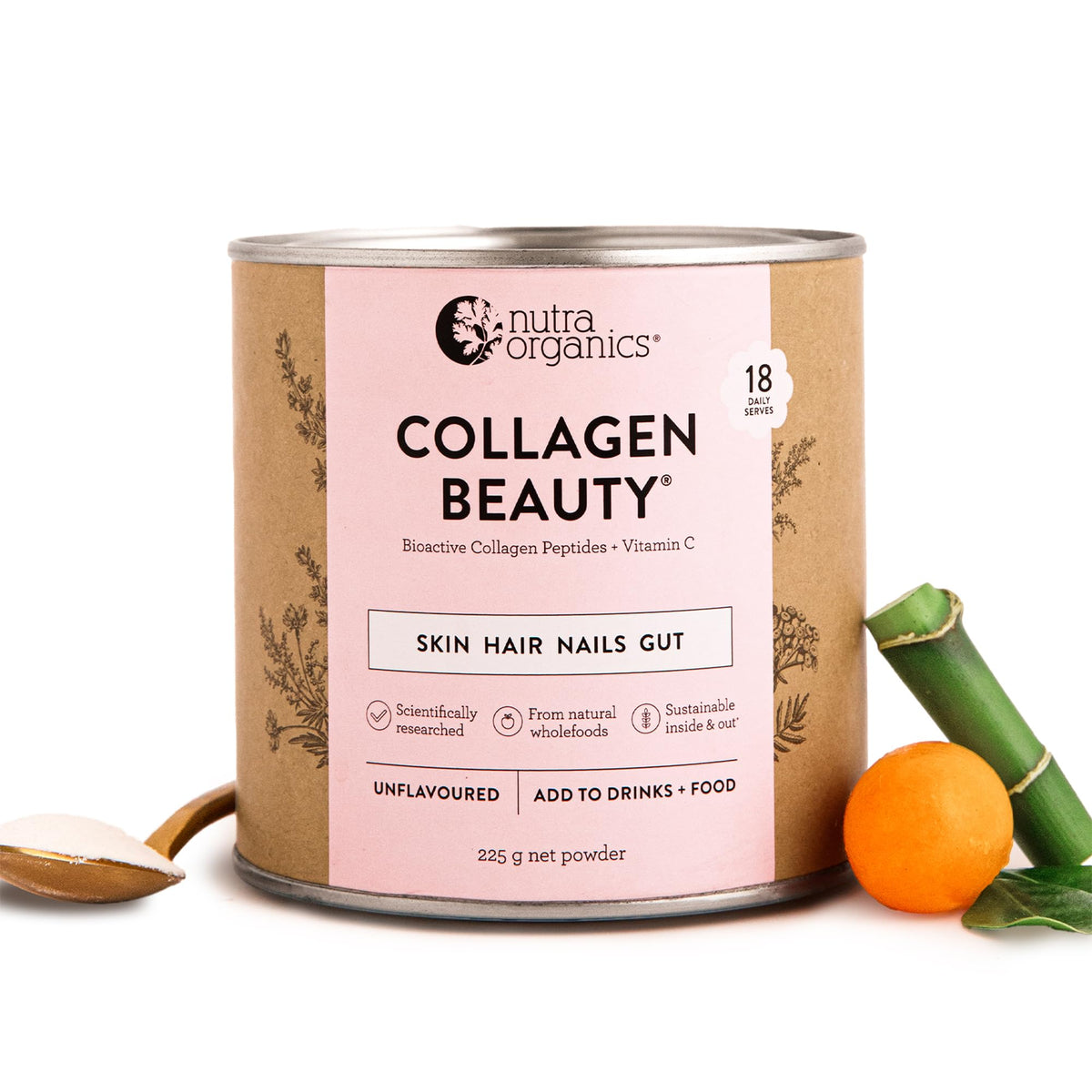 Nutra Organics Collagen Beauty Vanilla 225g | Low Sugar, Non-Dairy, Drink Mix w/Vitamin C | Collagen Powder that Supports Skin Elasticity & Hydration, Healthy Hair, Nails, & Gut Wellbeing (18 Serves)