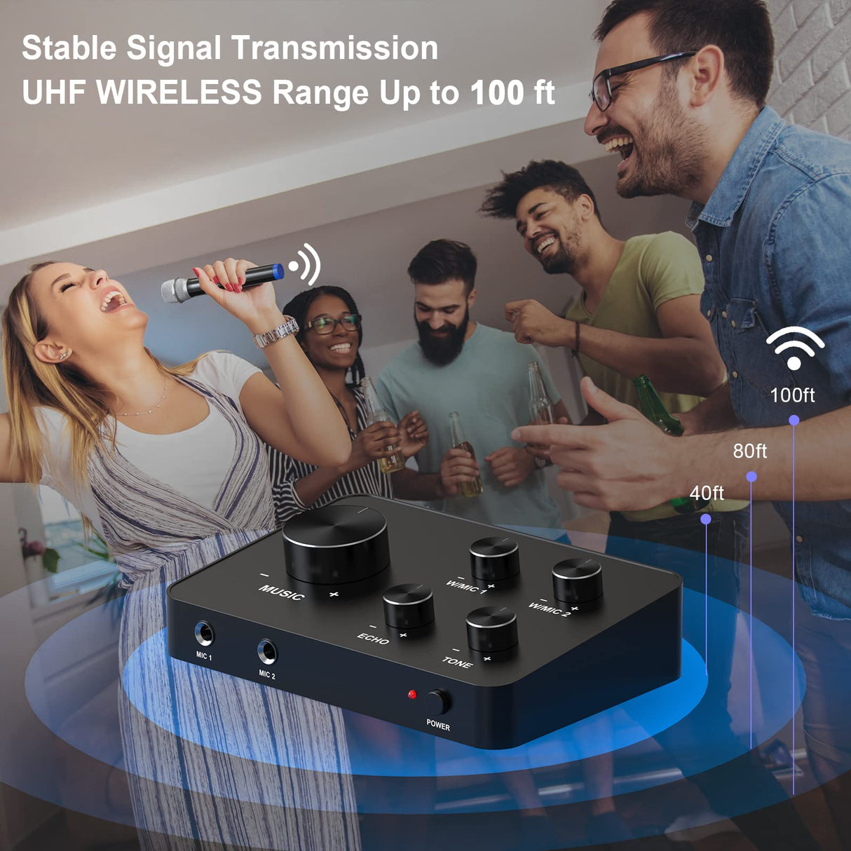 Portable Karaoke Microphone Mixer System Set, with Dual UHF Wireless Mic, HDMI & AUX in/Out for Karaoke, Home Theater, Amplifier, Speaker