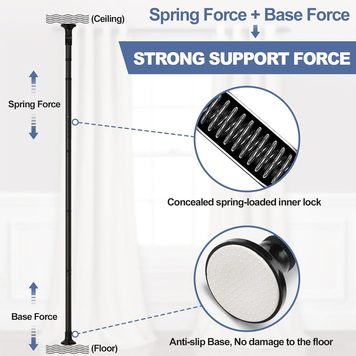 Room Divider No Drilling Curtain Rod Wall Divider for Room Separation, 122-305cm(H) 70-290cm(W) Adjustable, Heavy Duty Partition Space Separator Freestanding Tension Curtain Standr, Black