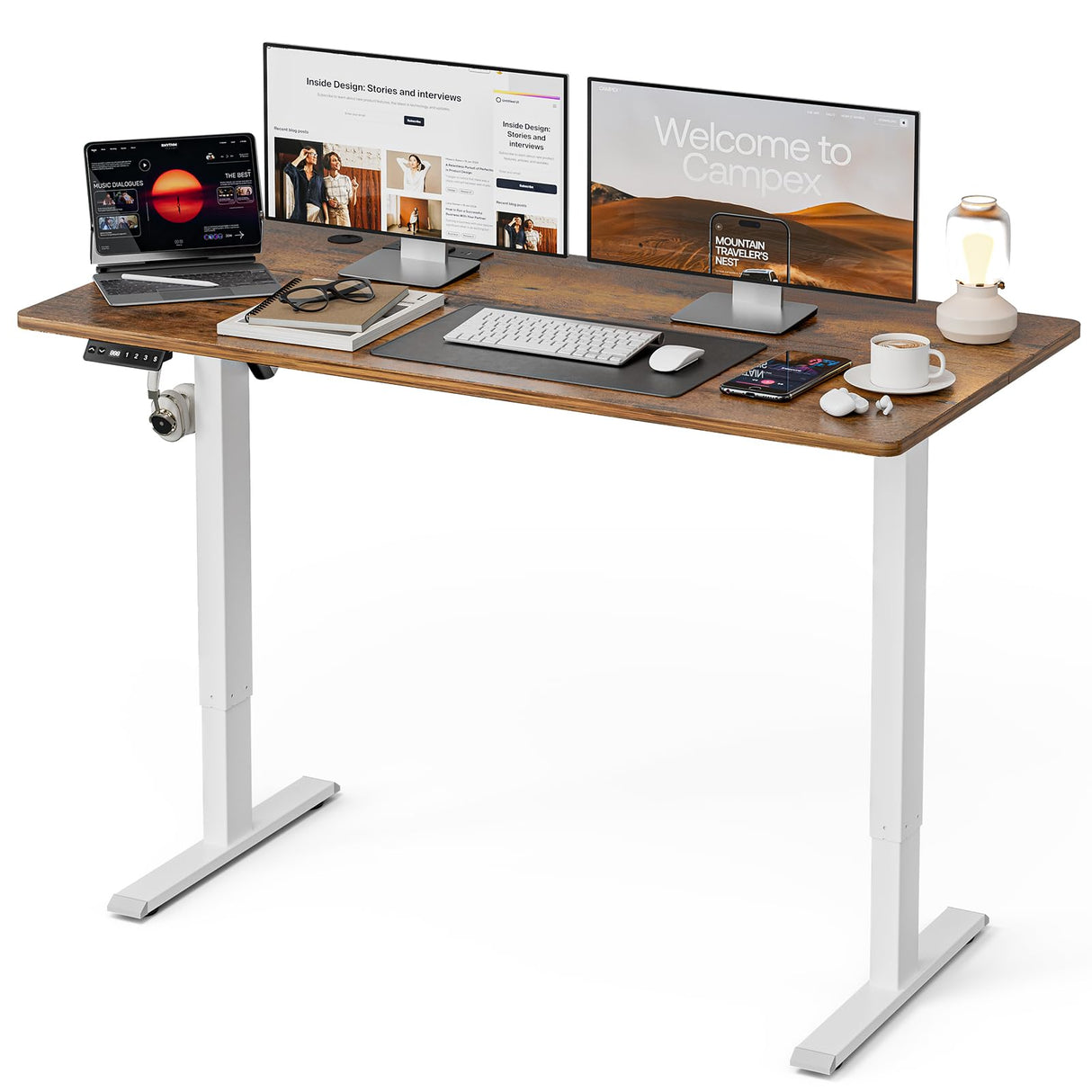 UMOMO 120 x 60cm Electric Standing Desk, Height Adjustable Sit Stand Desk with Splice Board, Workstation Computer Desk with Cable Management for Home Office (White Top White Frame)