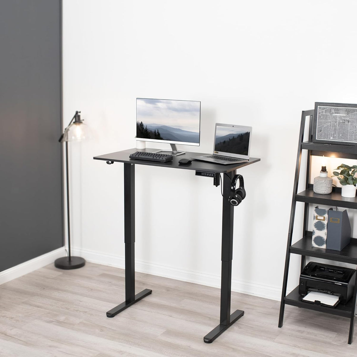 Electric Height Adjustable 102cm x 61cm Stand Up Desk, Complete Standing Workstation with Memory Controller, Black 2 Part Top, Black Frame