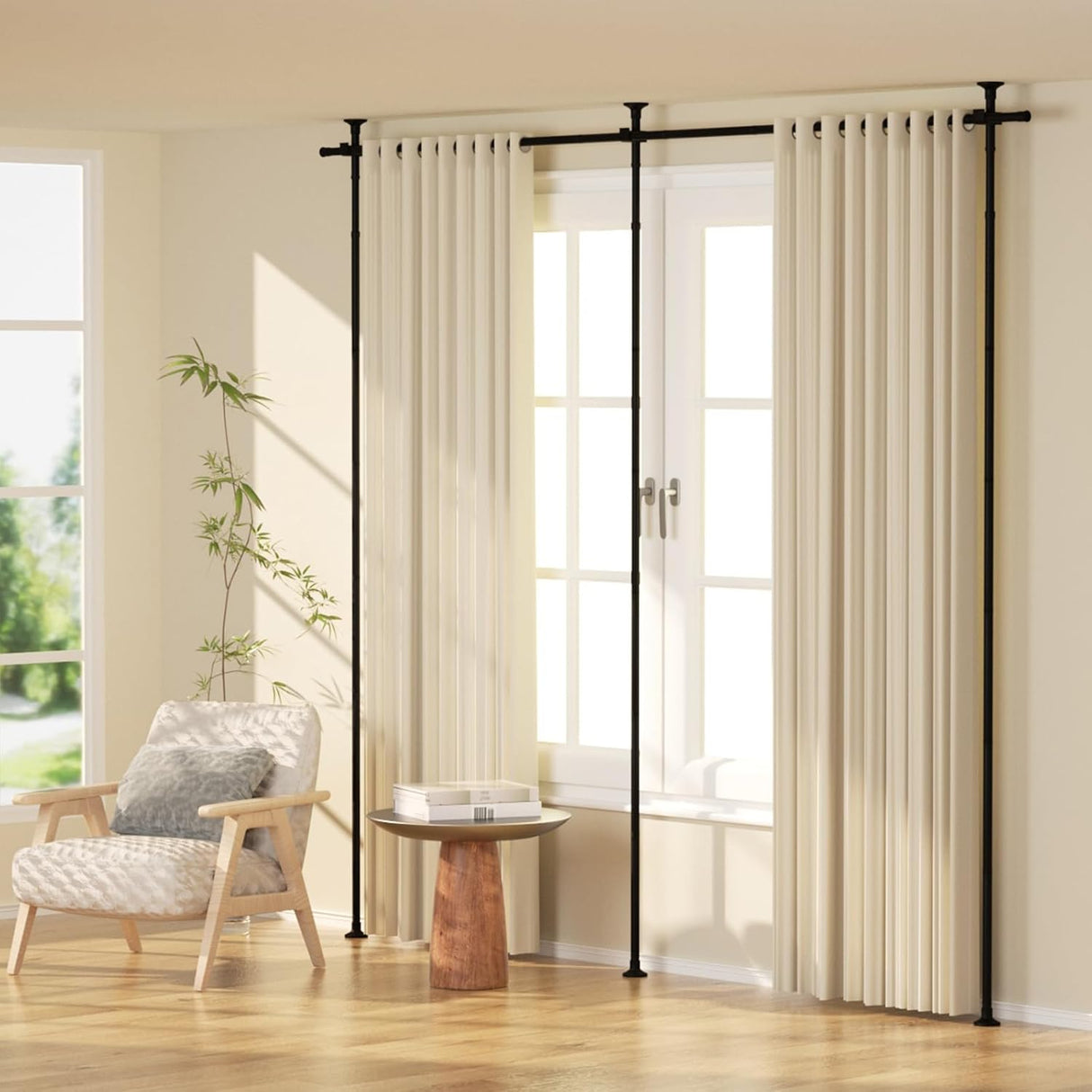 Kokorona Room Divider Curtain Rod, Double Vertical Tension Rods, No Drilling Curtain Rods for Room Separation, 71-290cm(W)1.2-3 m(H) Adjustable Floor to Ceiling Freestanding Curtain Rods Damage Free