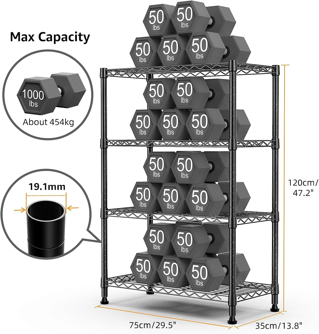 MZG 454kg Capacity Heavy Duty 4-Tier Metal Storage Shelving Unit, Adjustable Steel Wire Rack Organizer for Home, Kitchen, or Office (Chrome, 35L x 75W x 120H cm)