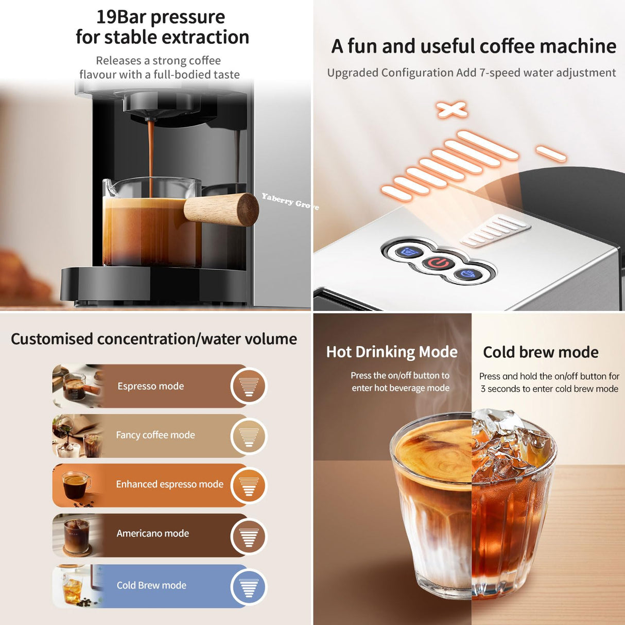 4in1 Espresso Machine,Customize Volume Settings,Automatic Coffee Maker, Single-Serve Capsule Coffee Machine for Nespresso original/L'OR/Ground Coffee,19Bar Espresso Machine,1450W Coffee Machine