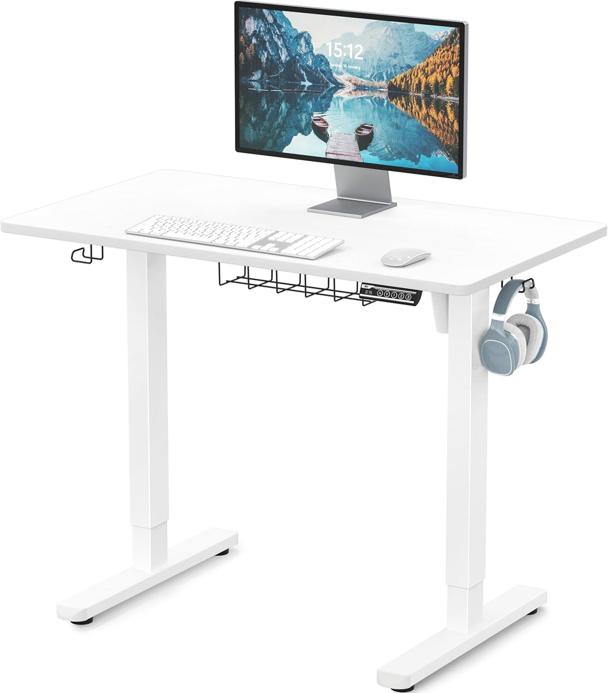 SHW 100 x 55 cm Electric Standing Desk, Whole Piece Desktop Height Adjustable Sit to Stand Desk with Hanging Hooks and Cable Management, White Frame with White Top
