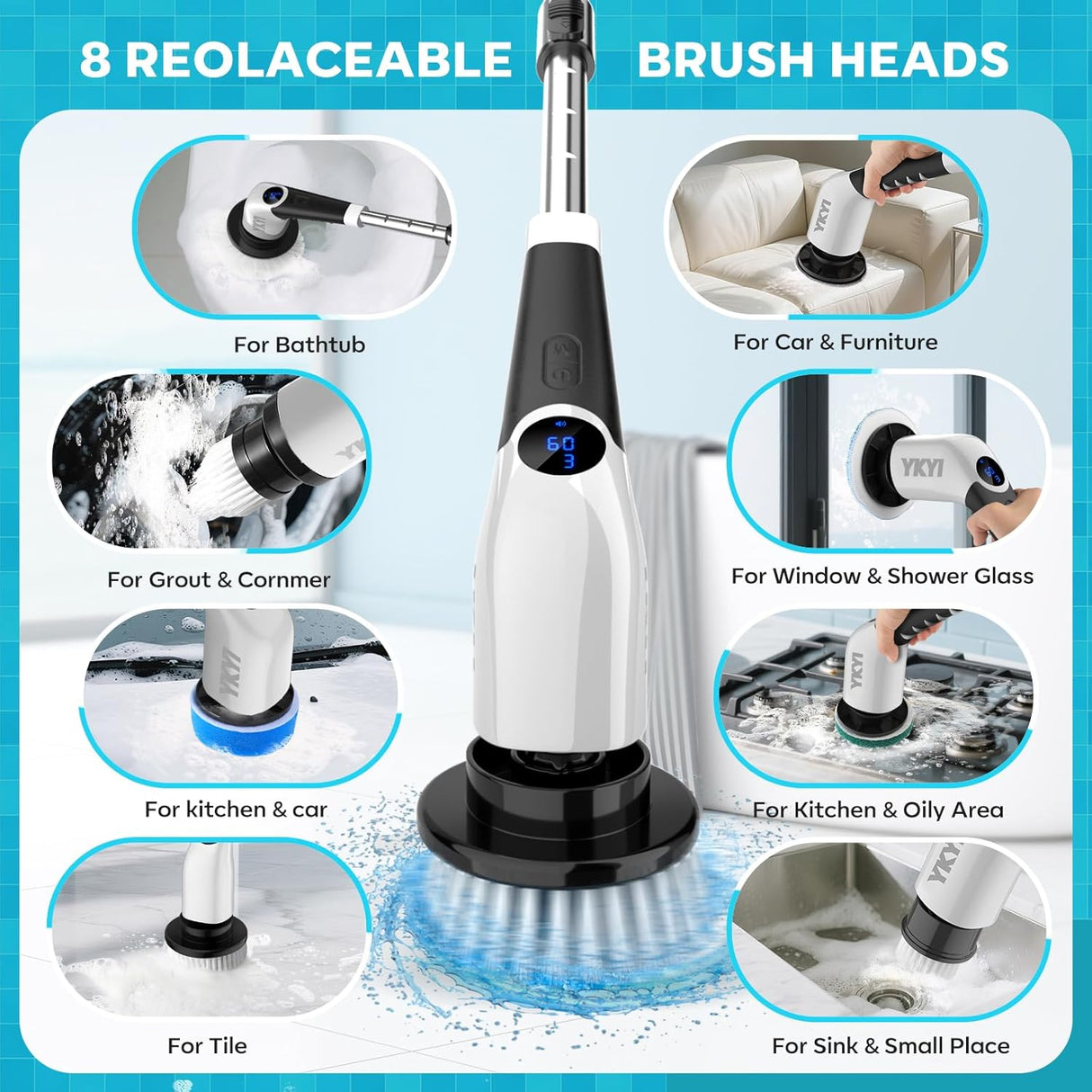 YKYI Electric Spin Scrubber,Cordless Cleaning Brush,Shower Cleaning Brush with 8 Replaceable Brush Heads, Power Scrubber 3 Adjustable Speeds,Adjustable & Detachable Long Handle,Voice Broadcast