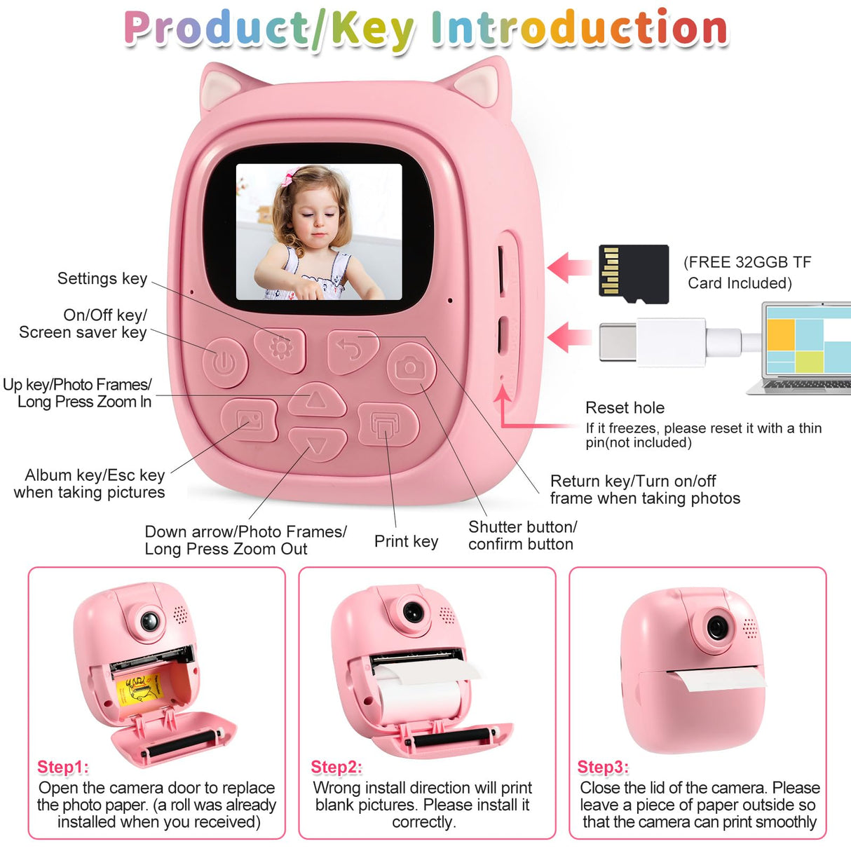 50MP Kids Instant Camera with 3 Rolls Print Paper for Boys and Girls, 1080P Digital Camera for Children, 2.0' IPS Selfie Toy Camera Toddler Rechargeable Video Recorder with 32GB TF Card(Pink)