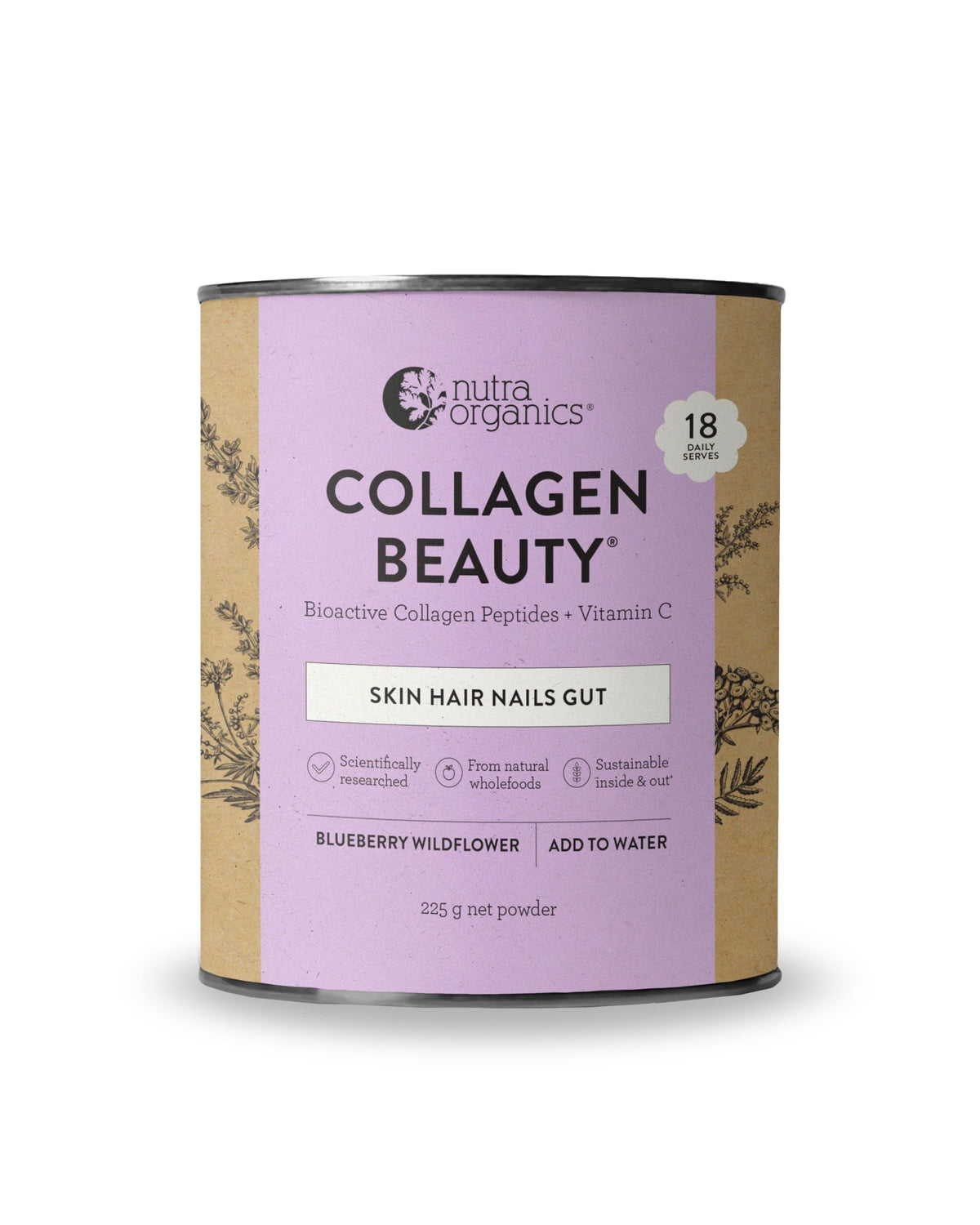 Nutra Organics Collagen Beauty Vanilla 225g | Low Sugar, Non-Dairy, Drink Mix w/Vitamin C | Collagen Powder that Supports Skin Elasticity & Hydration, Healthy Hair, Nails, & Gut Wellbeing (18 Serves)