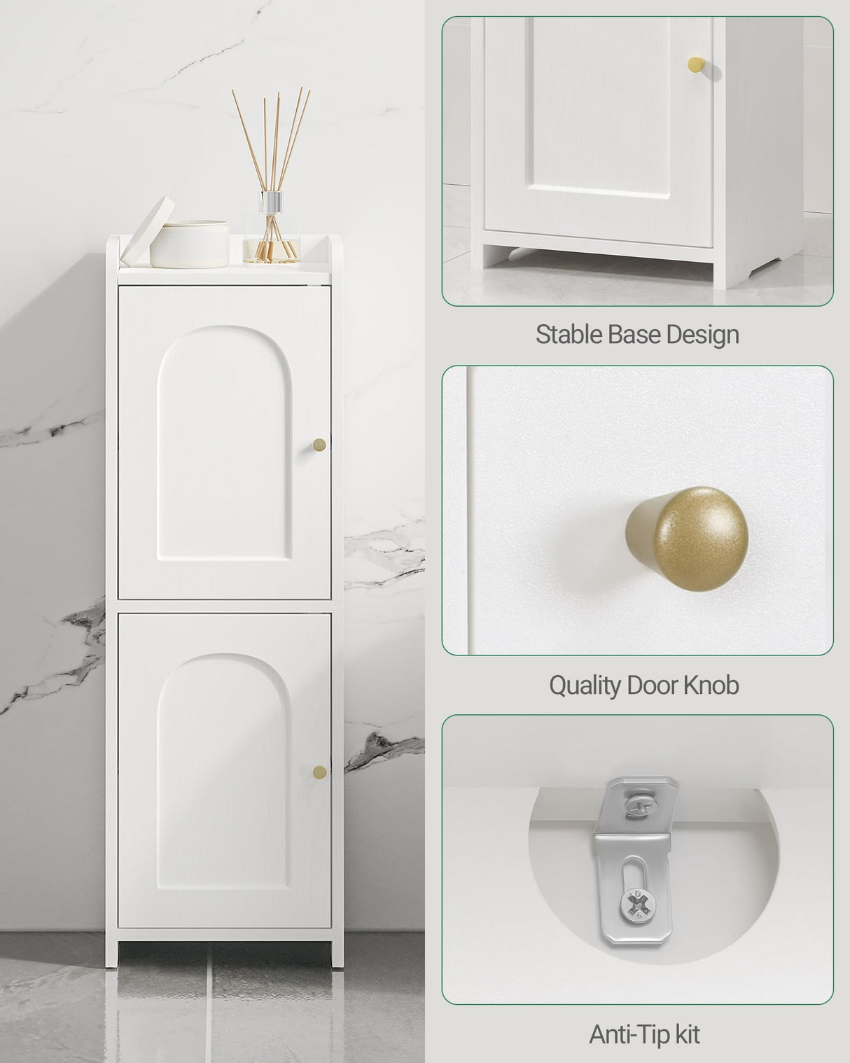 Bathroom Storage Cabinet, Corner Floor Cabinet with 2 Doors and Adjustable Shelf, Narrow Toilet Paper Cabinet, Bathroom Organizer for Small Spaces, White BC19913X