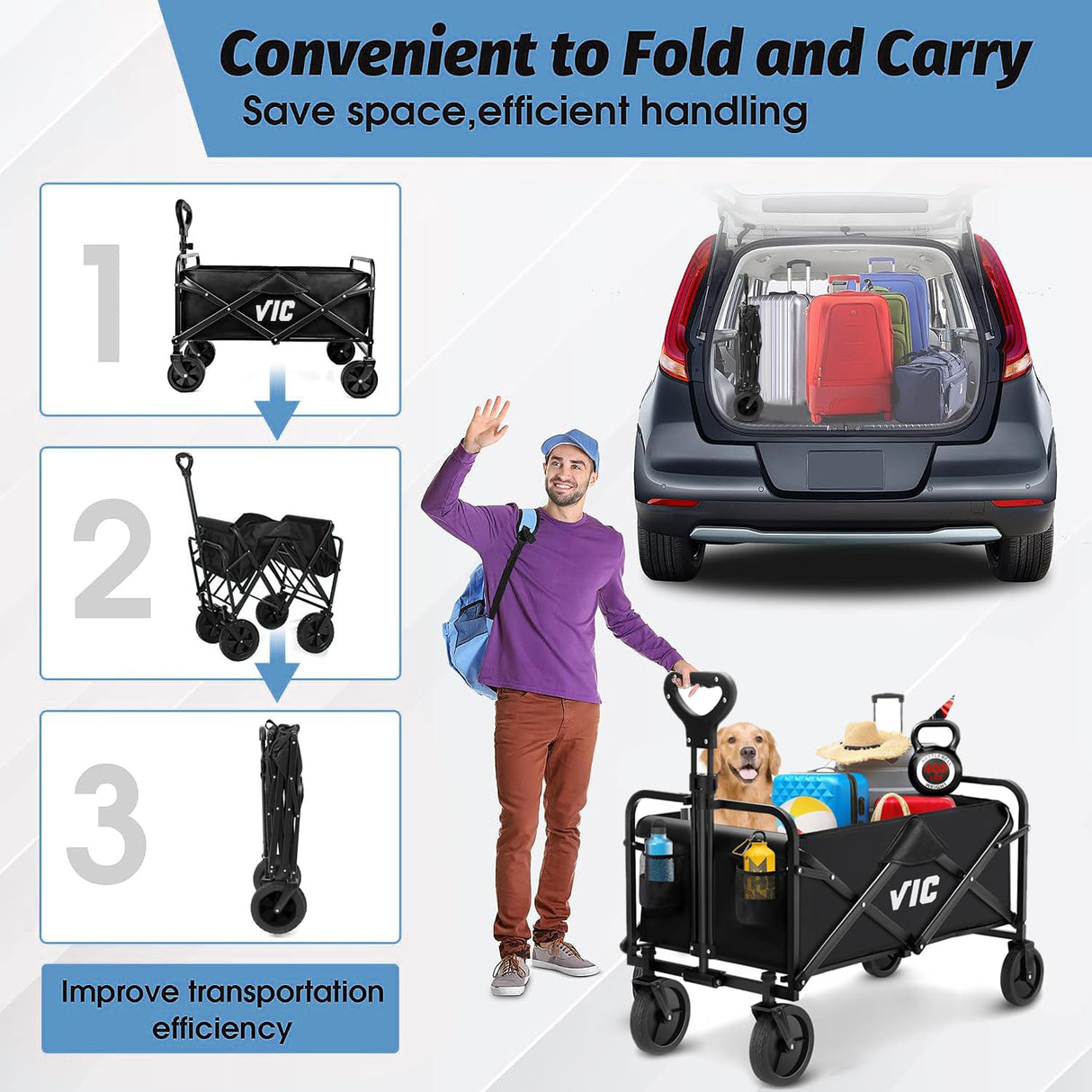 Collapsible Folding Wagon, Beach Wagon Cart Heavy Duty 400LBs Foldable, Utility Grocery Wagon with Side Pocket for Camping Garden Sports, L4