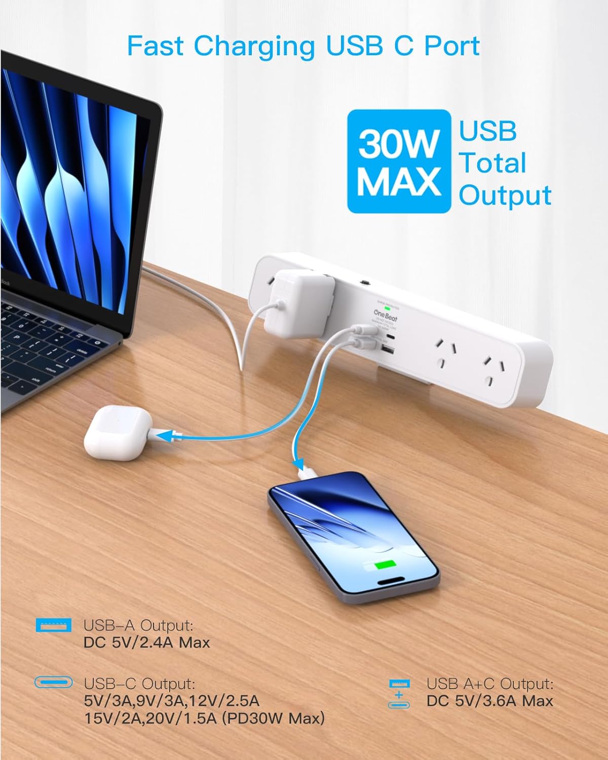One Beat PD 30W Desk Clamp Power Board USB C,Fast Charging Station,4 Outlets with 4USB Ports(2USB C), Desktop Mounted Power Board Surge Protected,1.5M Extension Cord for Desk Accessories Home Office