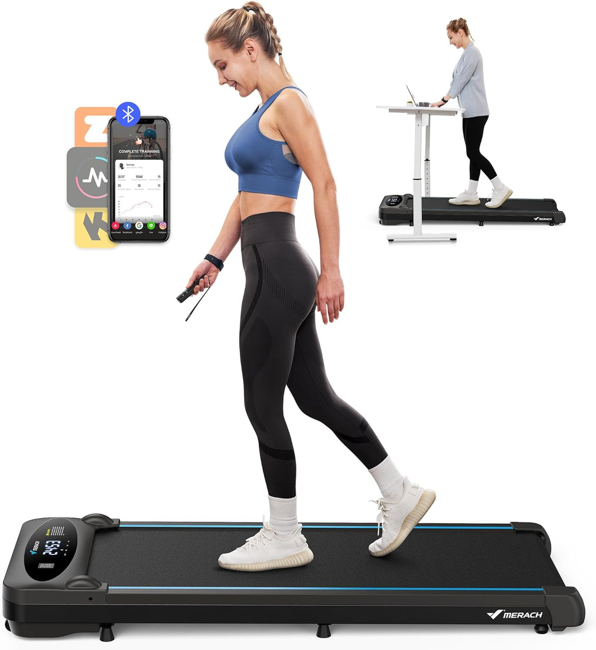MERACH Walking Pad Treadmill,Under Desk Treadmills for Home & Office,Walking Pad Portable Walk Pad with Max 3.8MPH 40 dB,2 in 1 Quiet Portable Mini Treadmill with Remote Control, APP,LED