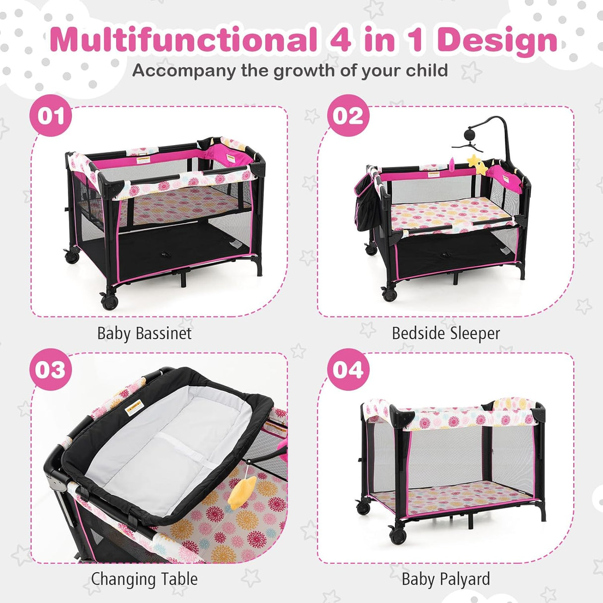 4-IN-1 Portable Travel Cot Portacot Baby Co Sleeper Bedside Bassinet Folding