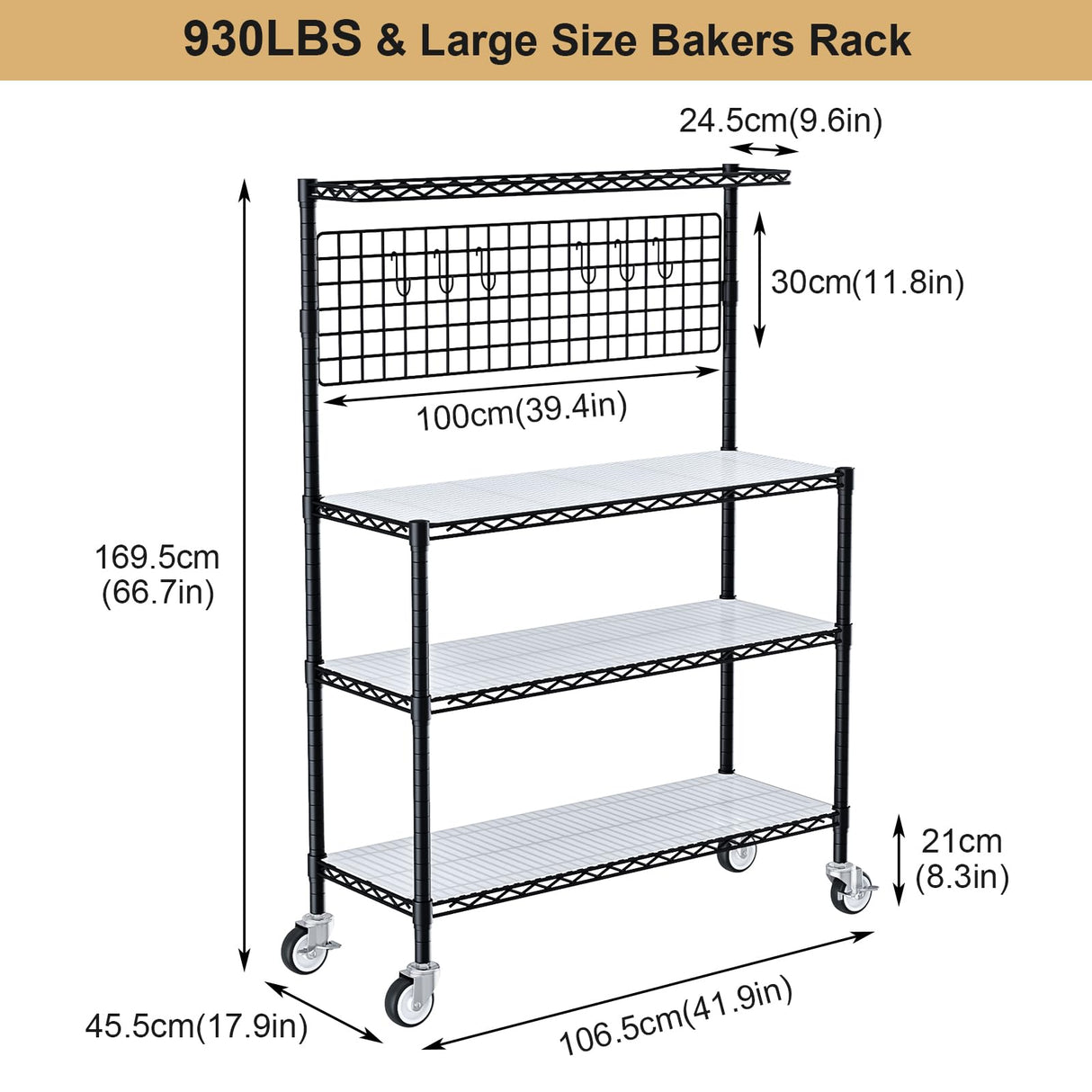Kitchen Bakers Rack with Adjustable Shelf, 4-Tier Heavy Duty Kitchen Storage Rack with Wheels, Microwave Stand for Big Microwave, Metal Utility Kitchen Appliances Storage Shelf