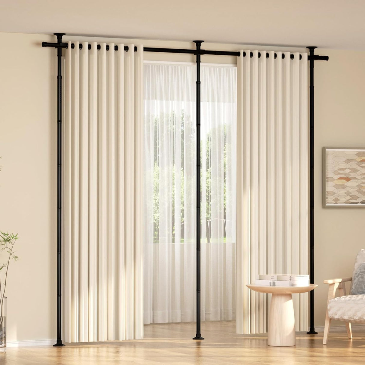 Kokorona Room Divider Curtain Rod, Double Vertical Tension Rods, No Drilling Curtain Rods for Room Separation, 71-290cm(W)1.2-3 m(H) Adjustable Floor to Ceiling Freestanding Curtain Rods Damage Free