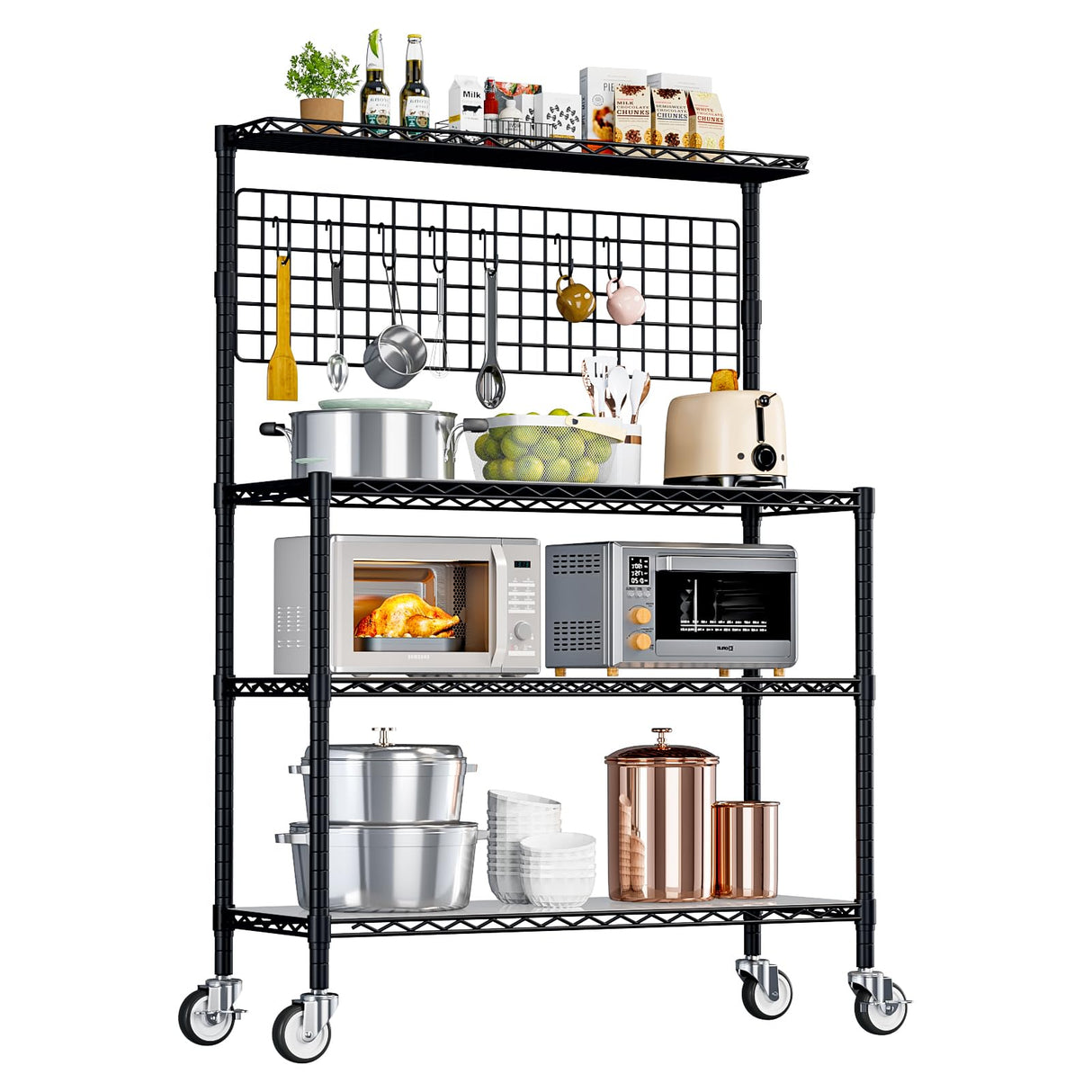Kitchen Bakers Rack with Adjustable Shelf, 4-Tier Heavy Duty Kitchen Storage Rack with Wheels, Microwave Stand for Big Microwave, Metal Utility Kitchen Appliances Storage Shelf