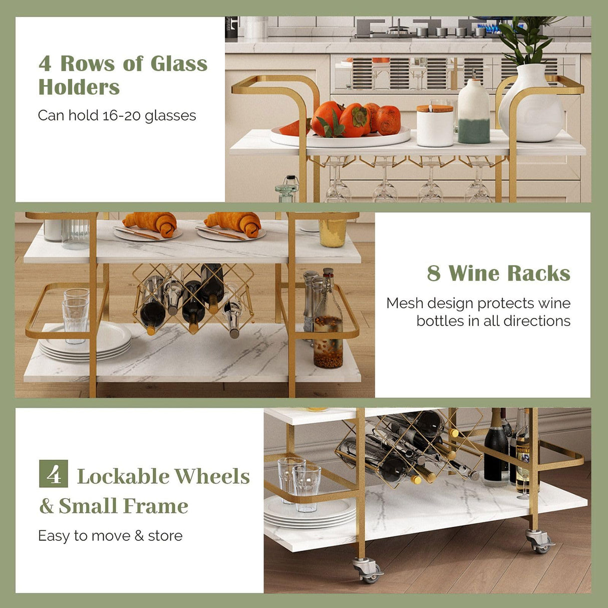 Bar Cart Home Bar Serving Cart 3 Tier Mobile Bar Cart with Wine Bottle Racks & Glass Holder Coffee Cart Mini Bar Cart Gold & White