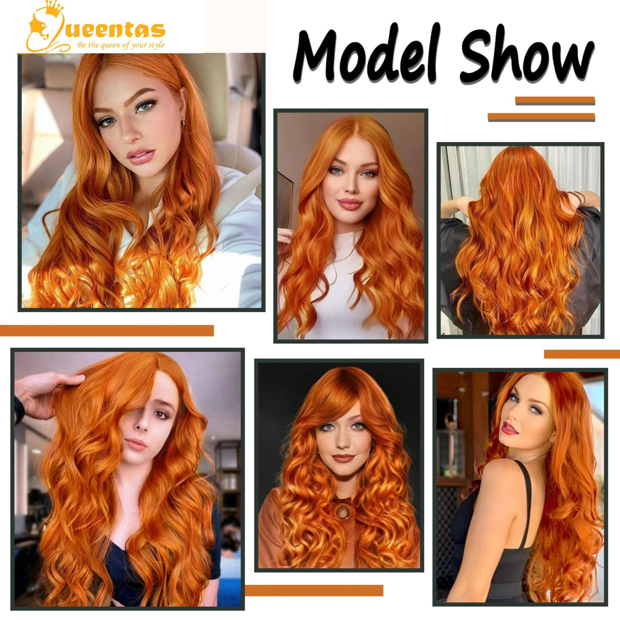 Long Wigs for Women Ginger Orange Curly Wavy Wig with Bangs Synthetic Hair Wig