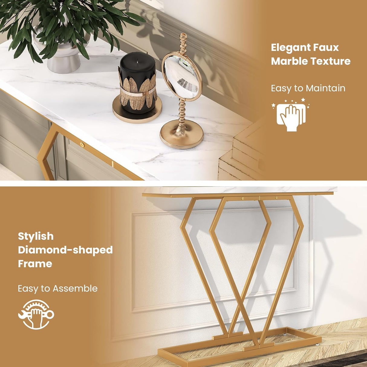 Modern Console Table, Faux Marble Narrow Entryway Table with Diamond Shape Geometric Frame, 100 cm Modern Accent Table with Anti-Tipping Device for Living Room Hallway Entrance, White & Gold