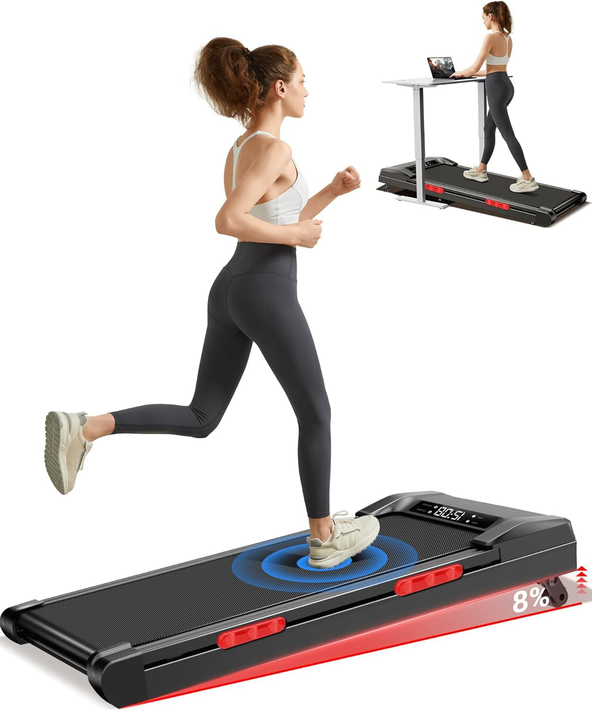 10% Incline Treadmill with Handle for Home and Office, Foldable Treadmills with 265 Lbs Weight Capacity, 2.5HP Quiet Walking Pad Treadmill, Three LED Screen Display