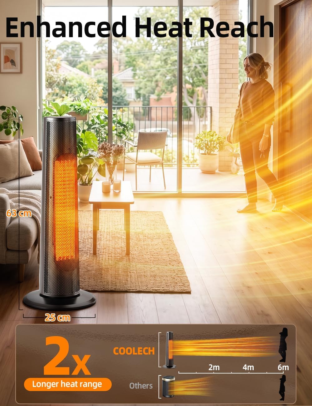 Portable Heater, 63CM 2000W PTC Ceramic Heater w/Remote, 1S Heating 30m², 12H Timer, 70° Oscillation, Adjustable Thermostat Fan Heater, Overheat & Tip-Over Protection Room Heater for Bedroom