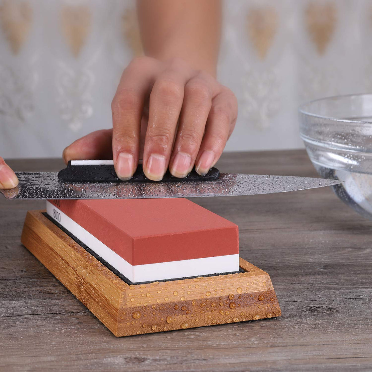 Knife Sharpening Stone,Whetstone Sharpener Includes 4 Side Grit 400/1000 3000/8000 Whetstones, Non-Slip Bamboo Base, Angle Guide,Polishing Compound,Leather Strop, Flattening Stone