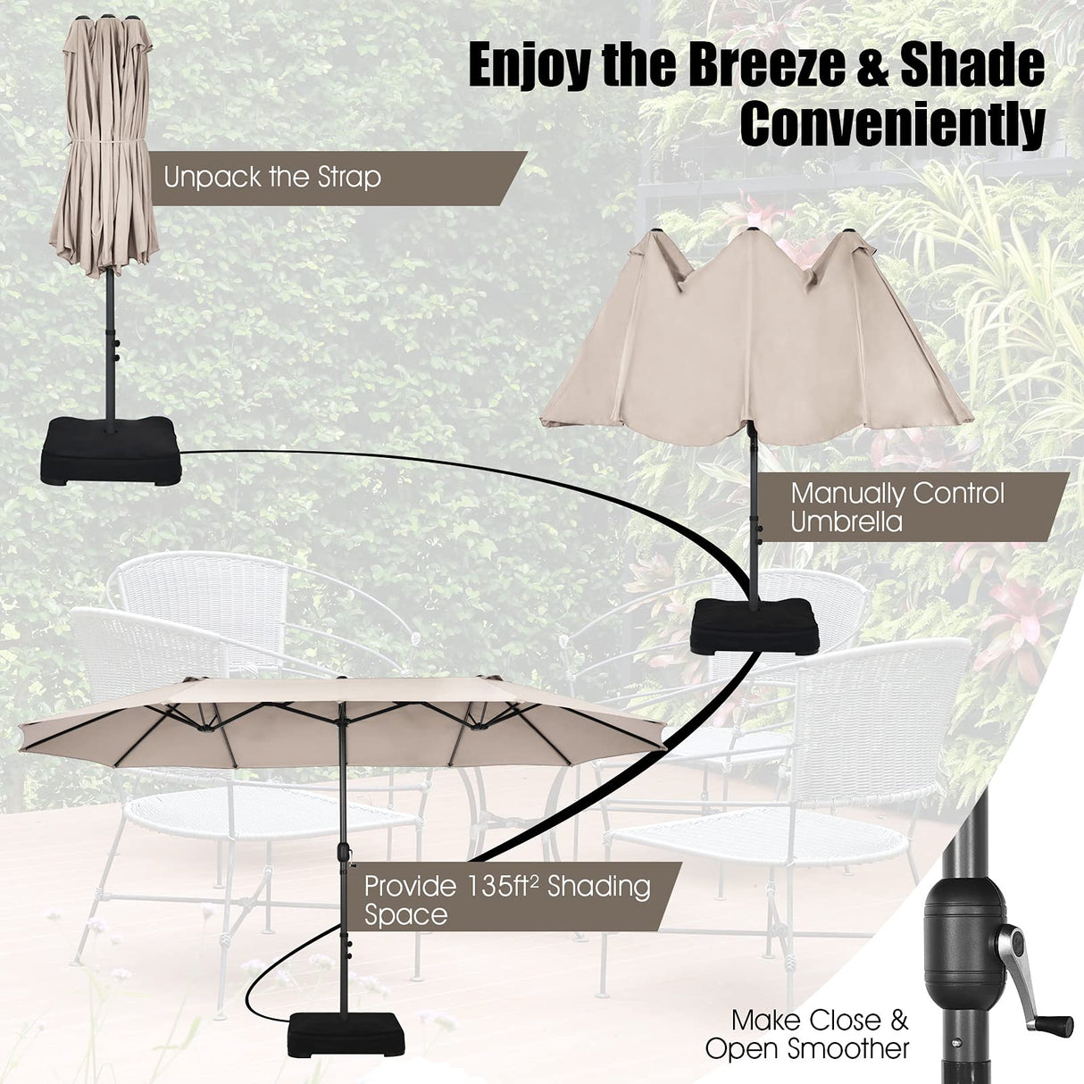 15FT Double-Sided Patio Umbrella, Ultra-Large Twin Garden Umbrella w/ 12-Rib Structure & Hand-Crank System, Outdoor Market Umbrella w/Enhanced Base for Residential & Commercial Use