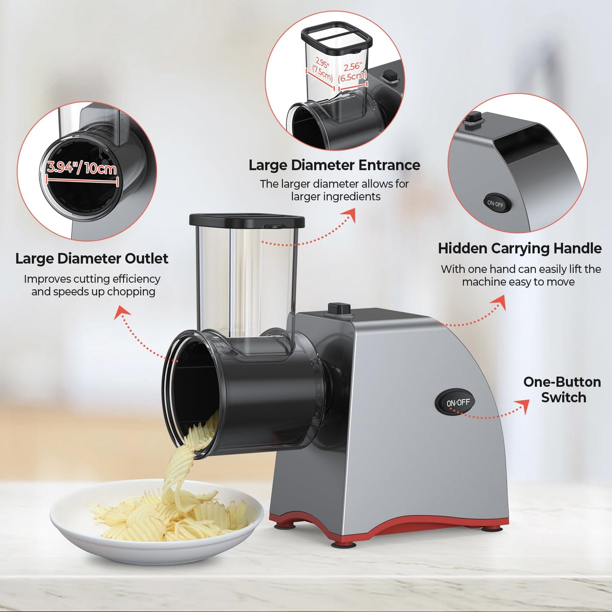 Electric Cheese Grater, 250W Upgraded 5 in 1 Professional Electric Vegetable Slicer, One-Touch Control Rotary Slicer Shredder Salad Maker for Cheeses Fruits Vegetables Nuts with 5 Replaceable Blades