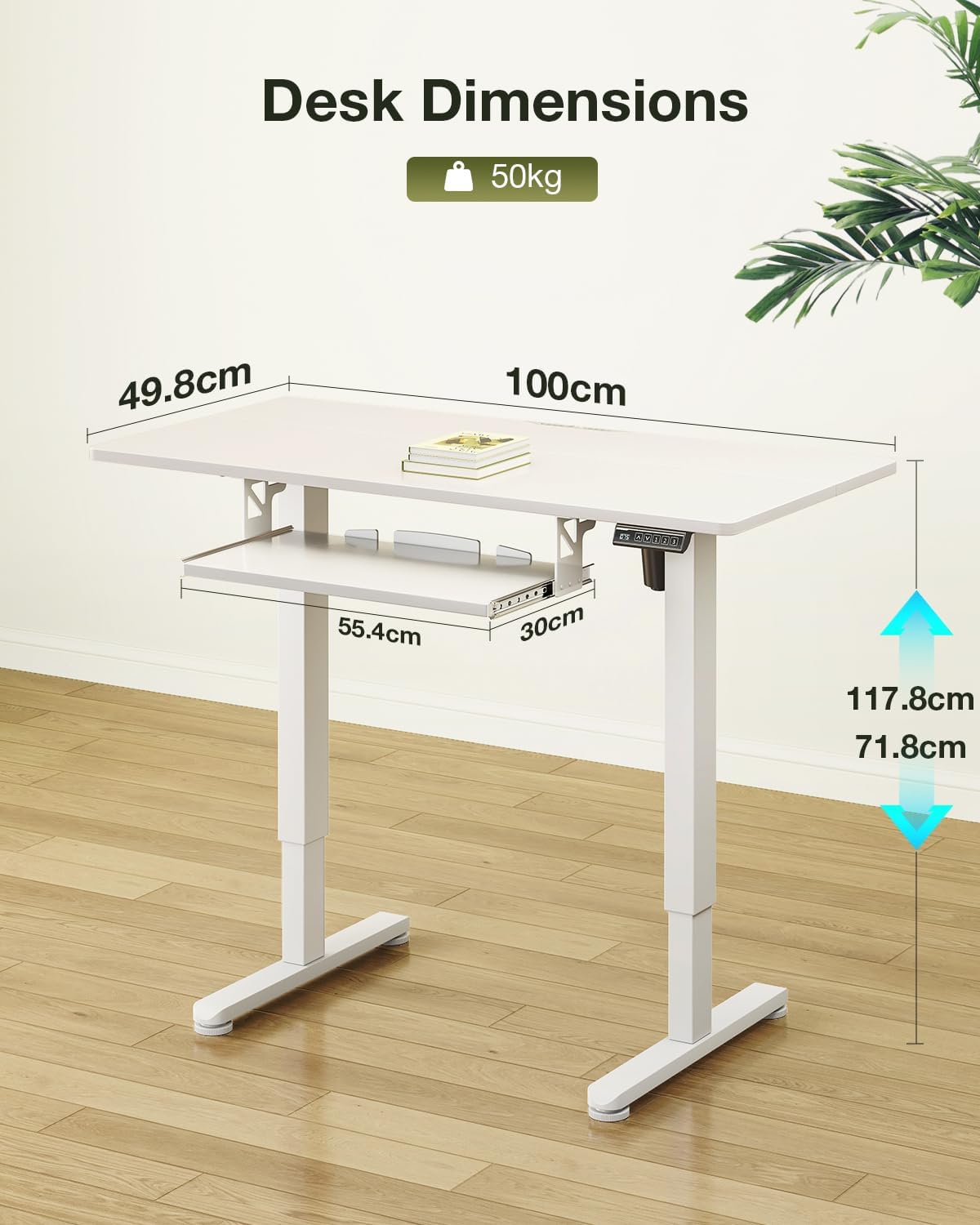 ODK Electric Standing Desk with Keyboard Tray & Memory Control,72-118cm Height Adjustable Sit Stand Desk,Ergonomic Computer Desk for Home Office,100 * 50cm,White