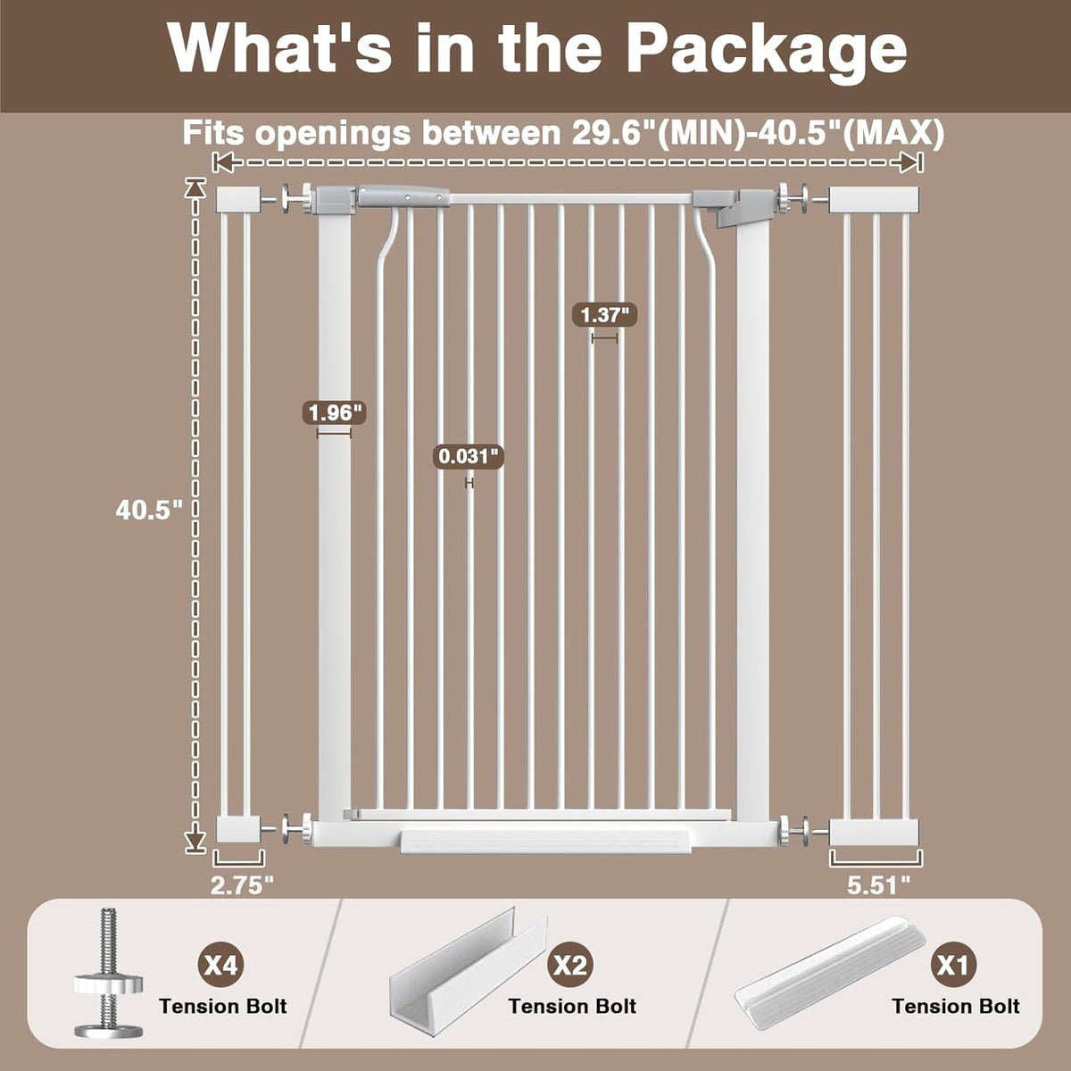 41" Extra Tall Baby Gate for Doorways and Stairs No Drill, Adjustable 29.9-40.9'' Auto Close Dog Gate Indoor, Pressure Mounted Walk Through Swing Wide Pet Gate, Tall Cat Gate with Expansion Kit, White