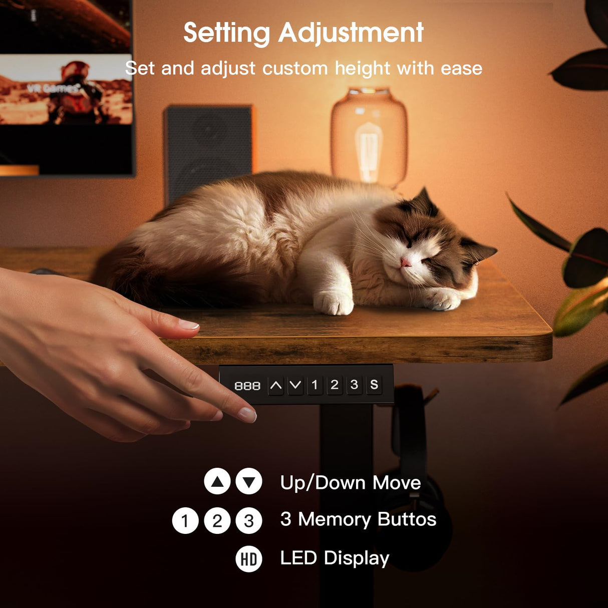 Electric Standing Desk, Height Adjustable Sit Stand Desk with Hooks for Home Office, Metal Frame Stand up Desk with Powerful Motor, Ergonomic Computer Desk for Home Office 120×60CM(Brown)