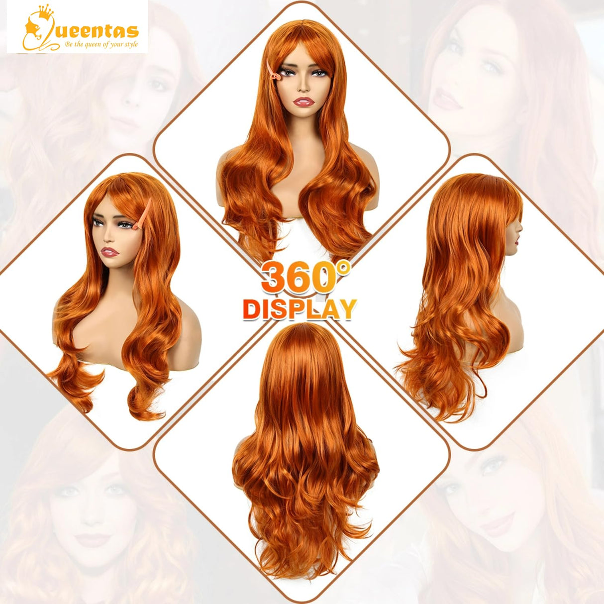 Long Wigs for Women Ginger Orange Curly Wavy Wig with Bangs Synthetic Hair Wig