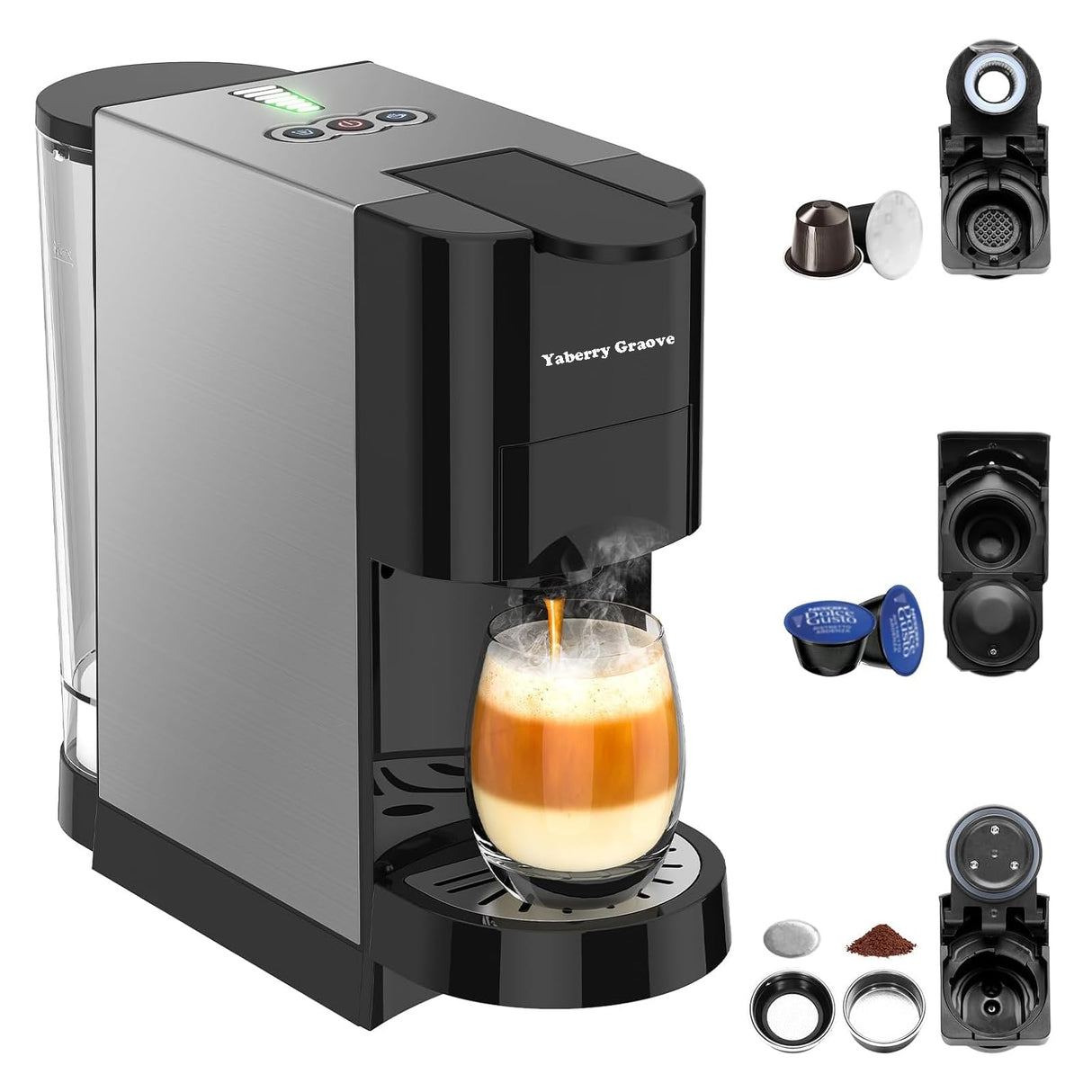 4in1 Espresso Machine,Customize Volume Settings,Automatic Coffee Maker, Single-Serve Capsule Coffee Machine for Nespresso original/L'OR/Ground Coffee,19Bar Espresso Machine,1450W Coffee Machine
