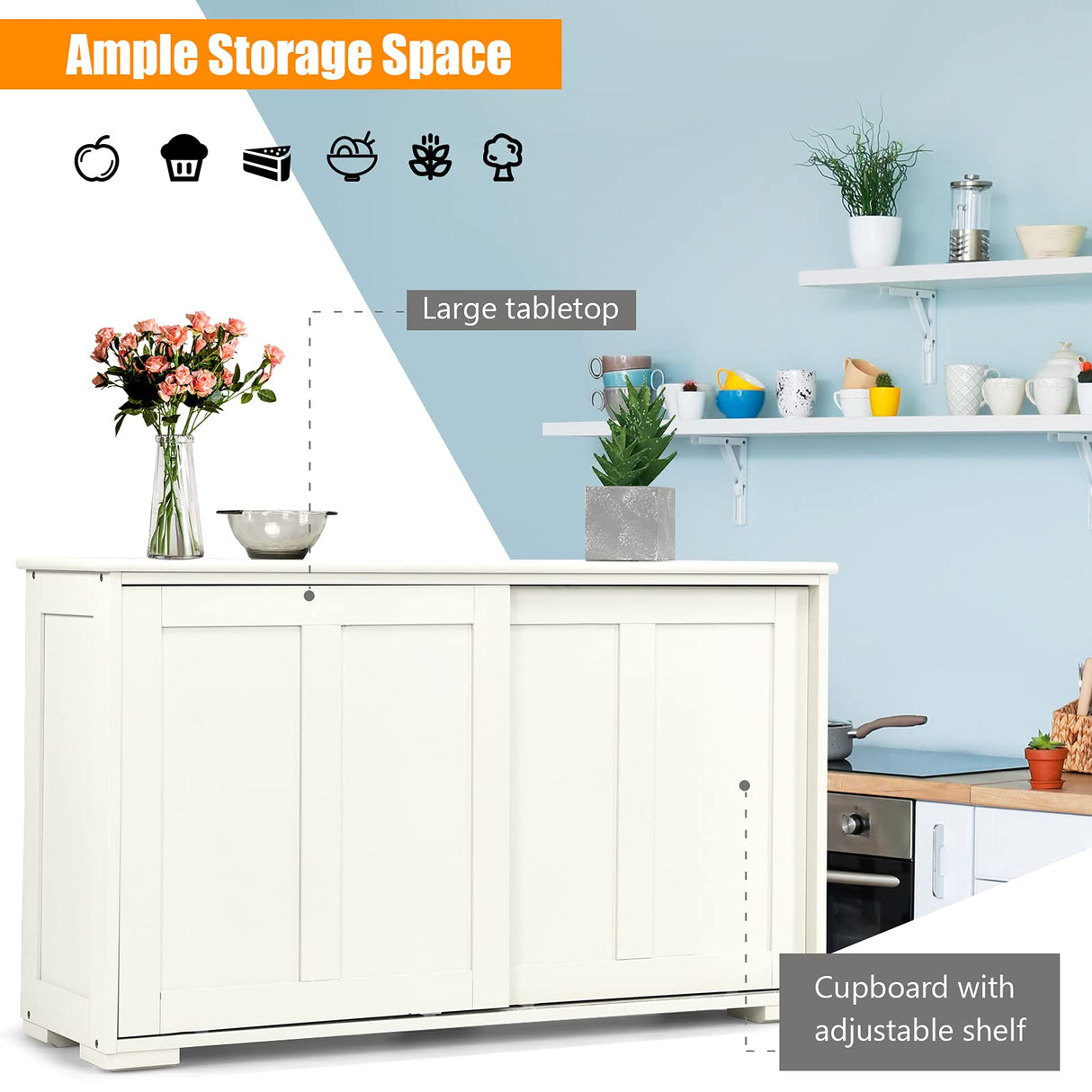 Buffet Sideboard Cabinet, Home Storage Cabinet, 2 Convenient Smooth Sliding Doors & 2 Height-Adjustable Shelves, Side Cabinet Table Cupboard, Creamy White