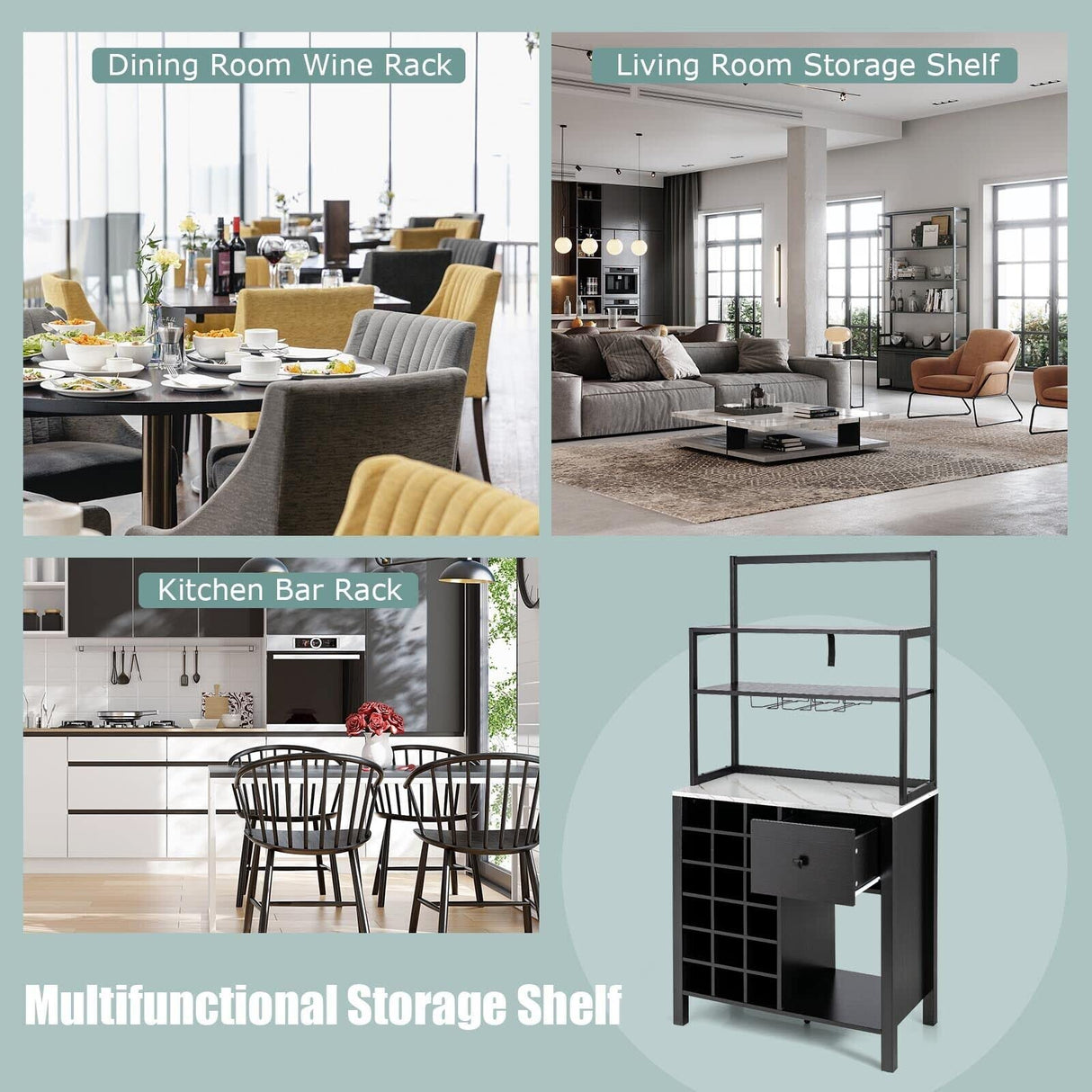 Kitchen Wine Rack, Freestanding Cabinet w/Wine Glass Holder & Drawer, 4-Tier Bakers Rack, Microwave Oven Stand for Kitchen Dining Room Living Room