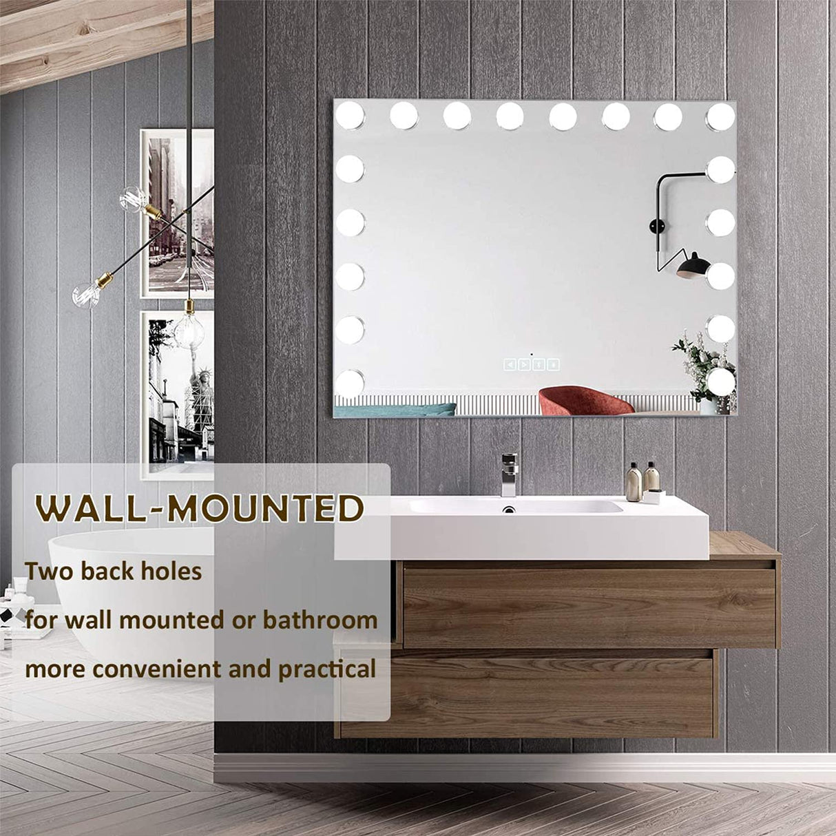 Vanity Smart Mirror with Lights Bluetooth Speaker USB Power Charging Large Hollywood Lighted Mirror with 18 Dimming LED Bulbs for Tabletop/Wall-Mounted
