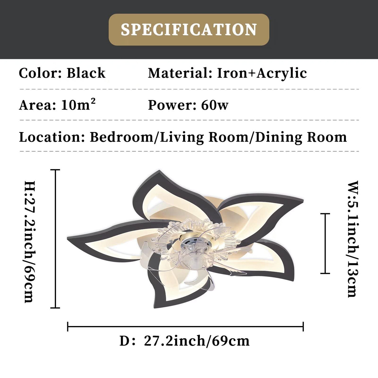 Ceiling Fan with Lights,27In Remote Control 3 Color temperatures,6 Gear Wind Speed Fan Light,Ceiling Lights with Fan for Bedroom,Childrenās Room and Dining Room (White)