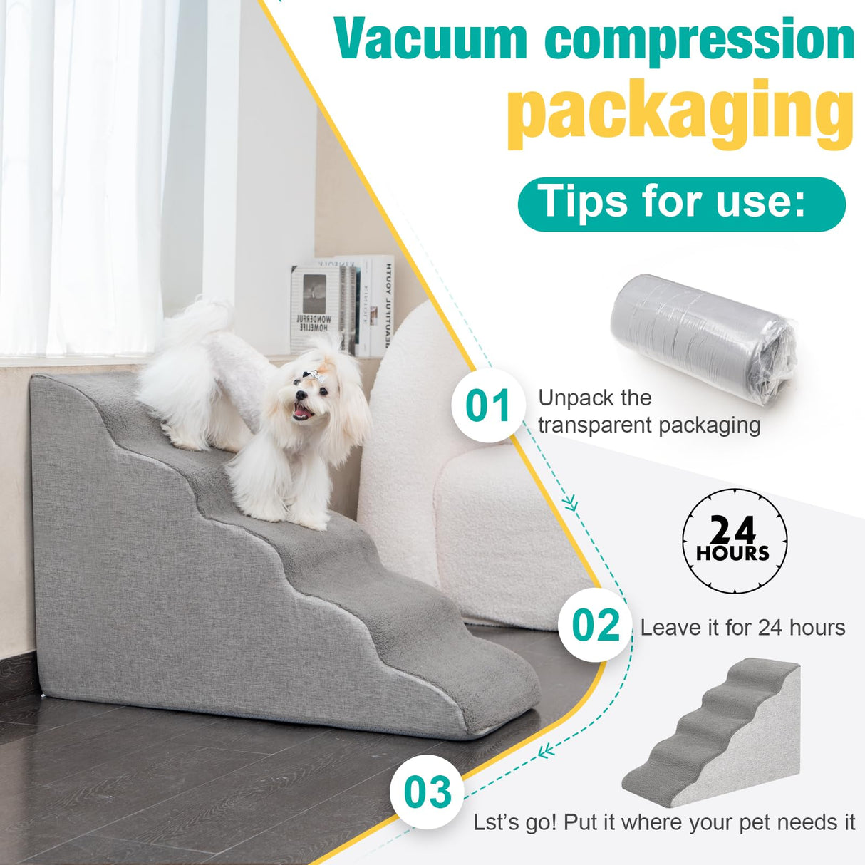 Dog Stairs for Small Dogs- Dog Steps Stairs Ramps for Bed Couch, High Density Foam Pet Steps Stairs for Dogs to Get on Bed