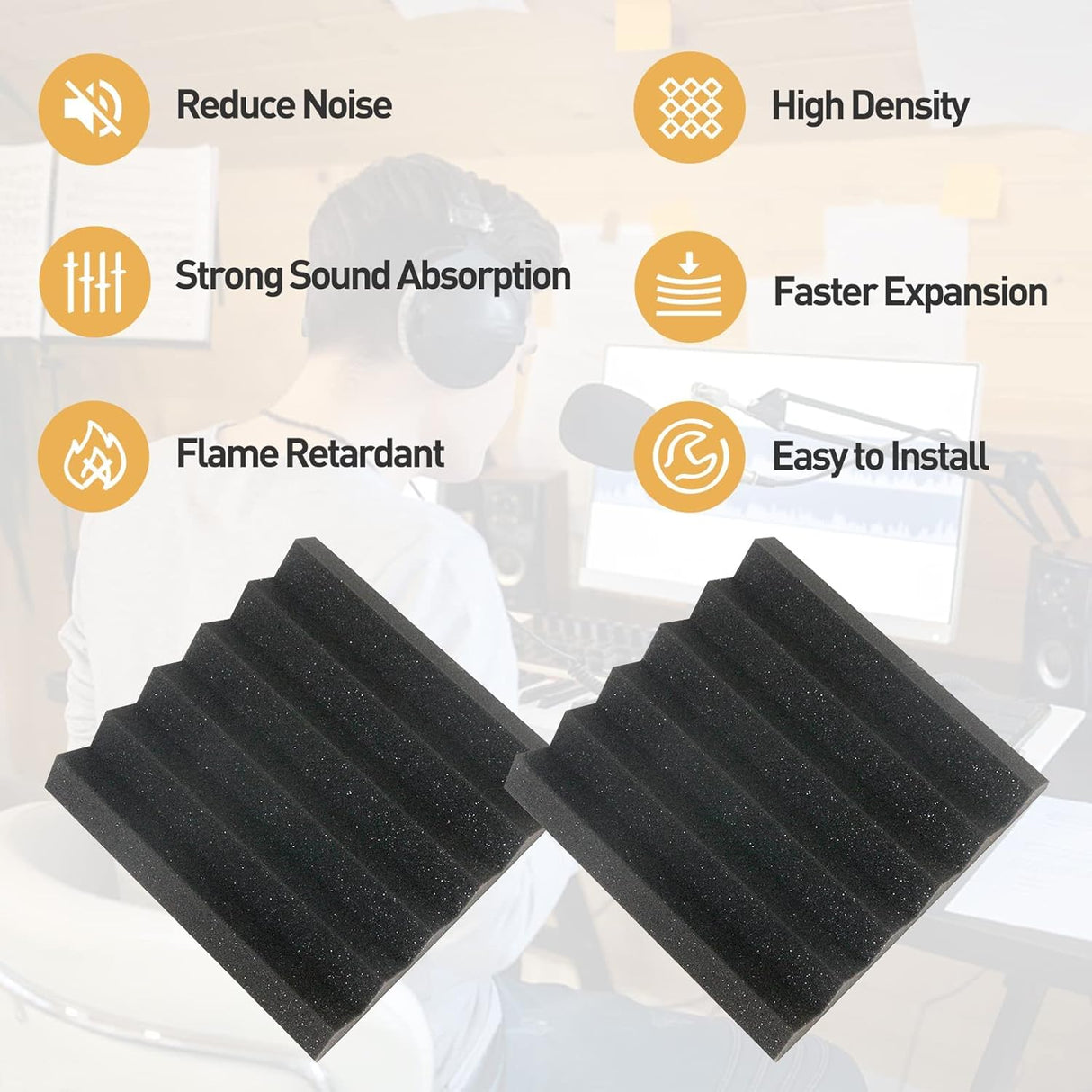 24 Pack Sound Proof Panels, Acoustic Foam Panels 12x12x2 inches Black Acoustic Panels, High Density Soundproofing Panels, Fire-retardant Sound Absorbing Foam for Studio Recording