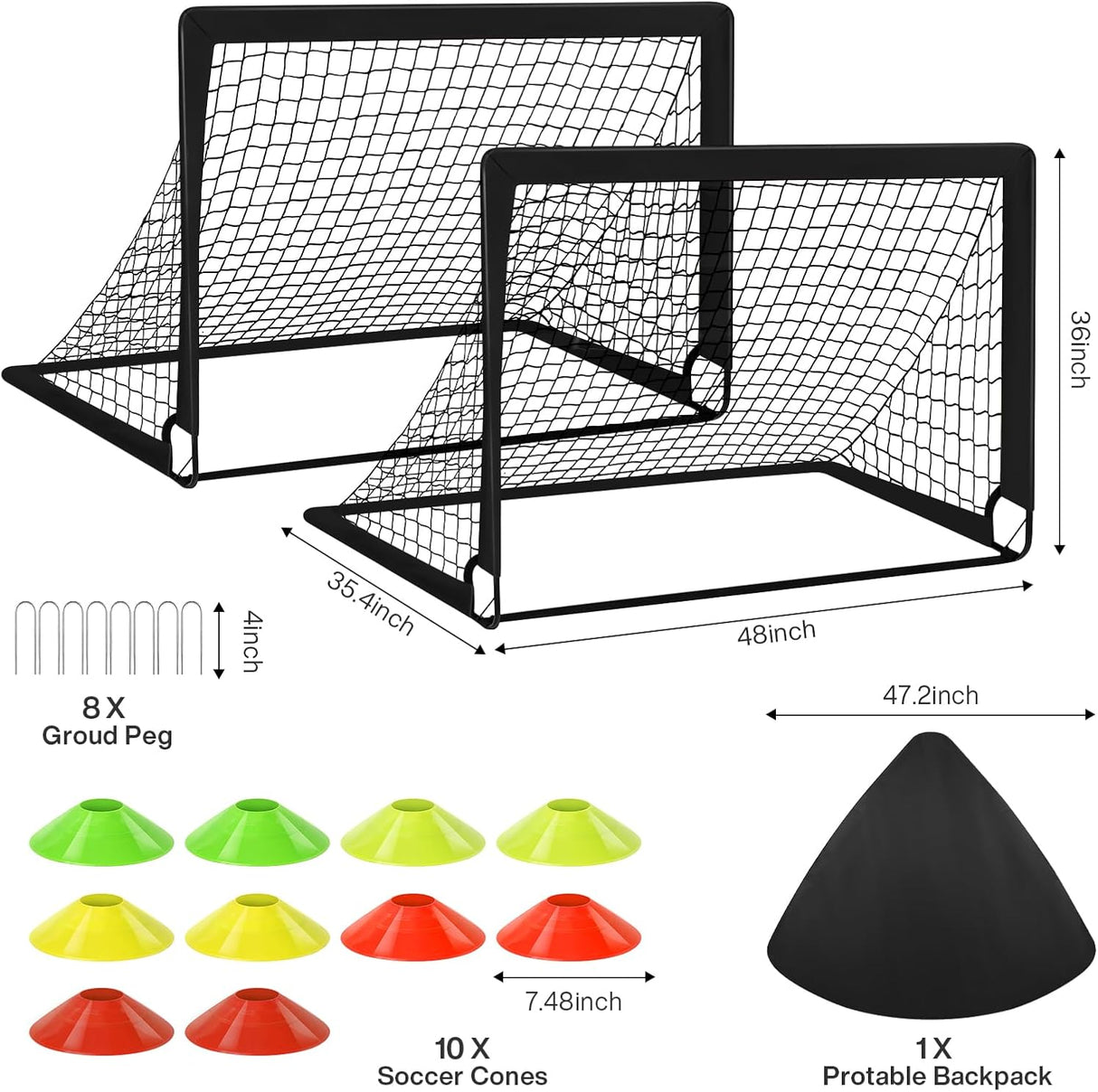 Soccer Goals with Portable Bag, Soccer Nets for Backyard with 10 Cones, Kids Soccer Goals, Soccer Training Equipment for Kids, Youth Games, Sports, Fit for Family Game Play
