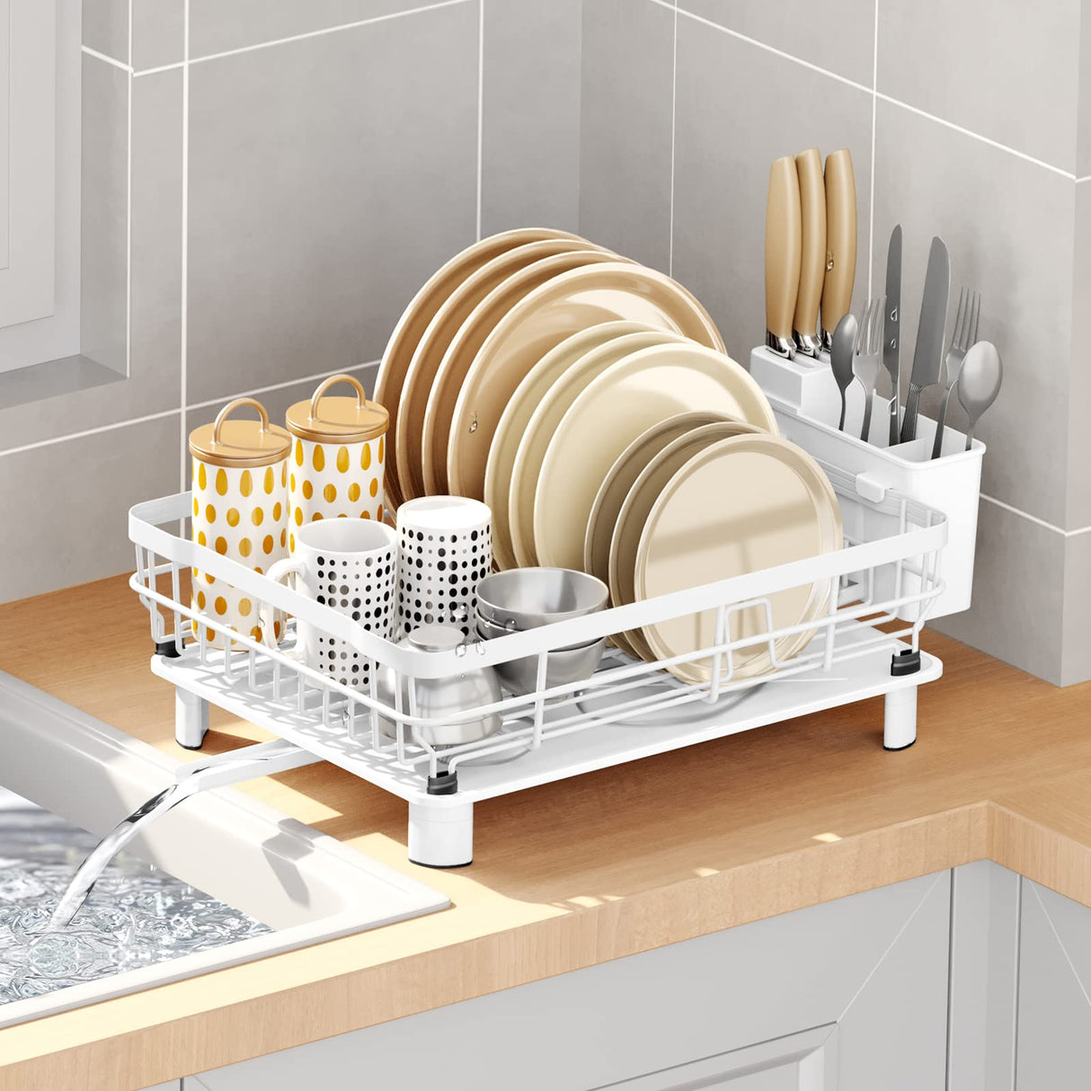 Dish Drying Rack with Drainboard Dish Drainers for Kitchen Counter Sink Adjustable Spout Dish Strainers with Utensil Holder and Knife Slots, White