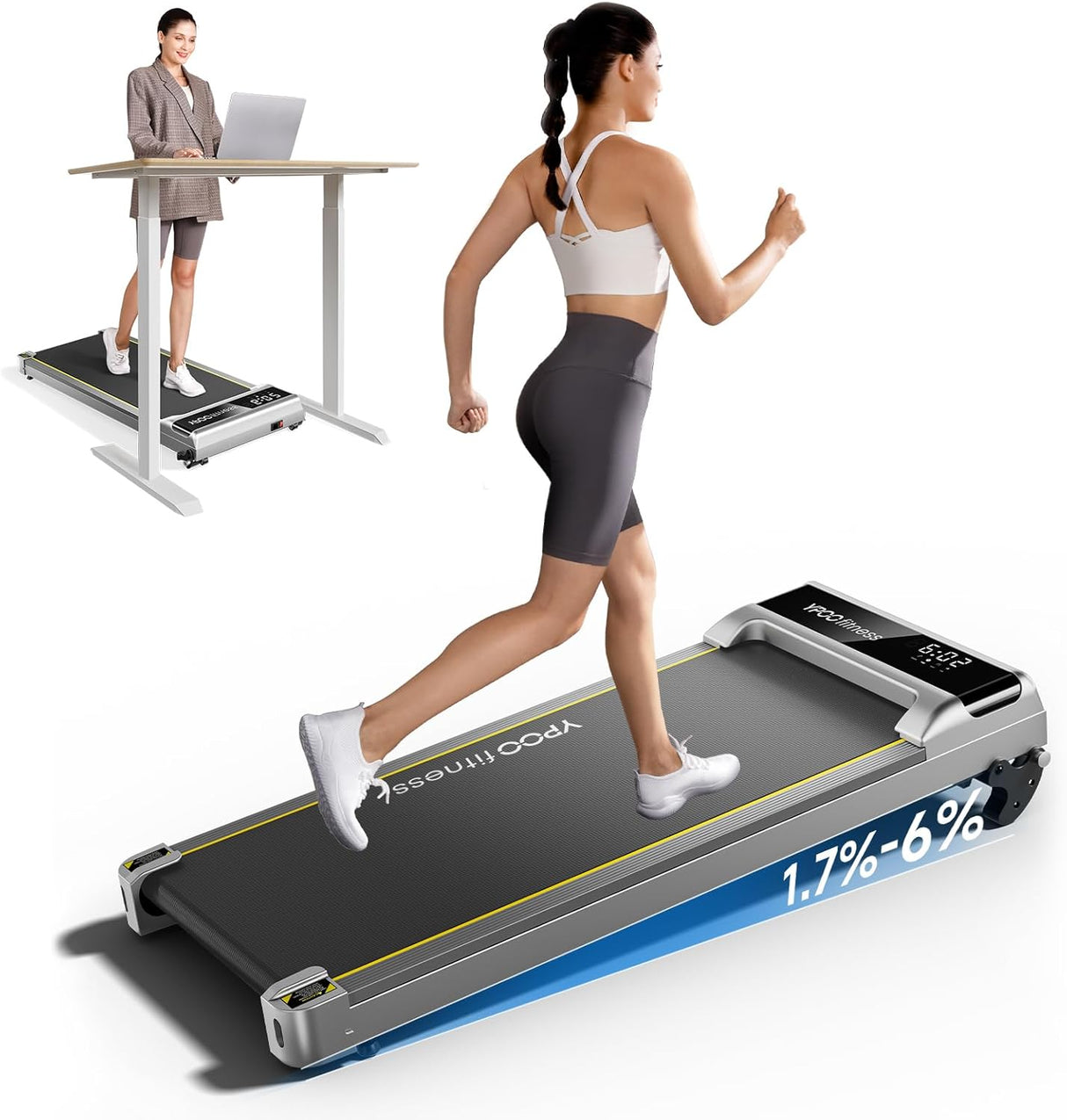 YPOO Walking Pad with Incline up to 6%, Treadmill for Home with LED Display, 136KG Portable Installation-Free Under Desk Treadmill with APP, Easy to Store Running Walking Machine