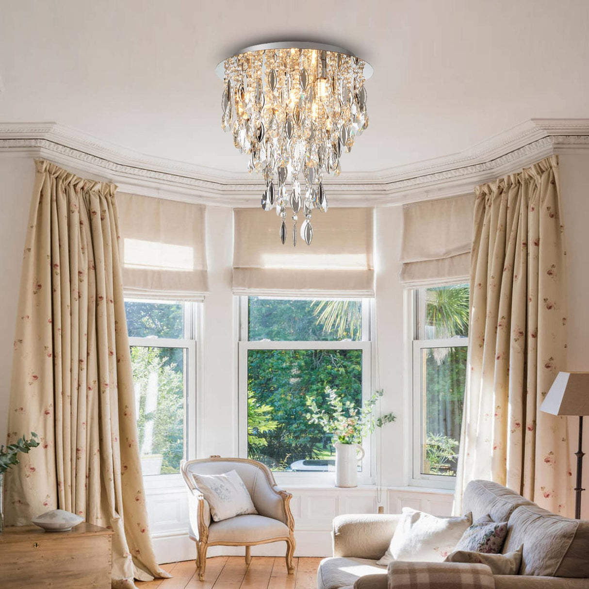 Luxury Modern Crystal Chandelier Ceiling Flush Mount Light Fixture for Bedroom Living Room Kitchen Corridor Stairwell Aisle Hallway, ¢35cm x H38cm, Chrome, 4-Lights, G9 Holder