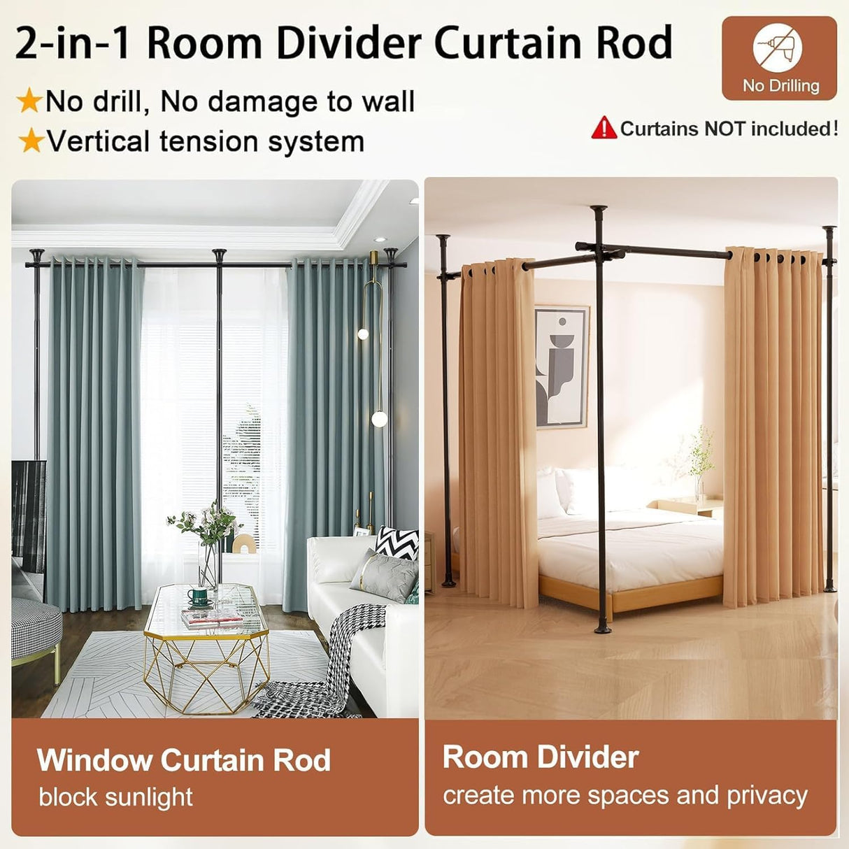 Room Divider No Drilling Curtain Rod Wall Divider for Room Separation, 122-305cm(H) 70-290cm(W) Adjustable, Heavy Duty Partition Space Separator Freestanding Tension Curtain Standr, Black