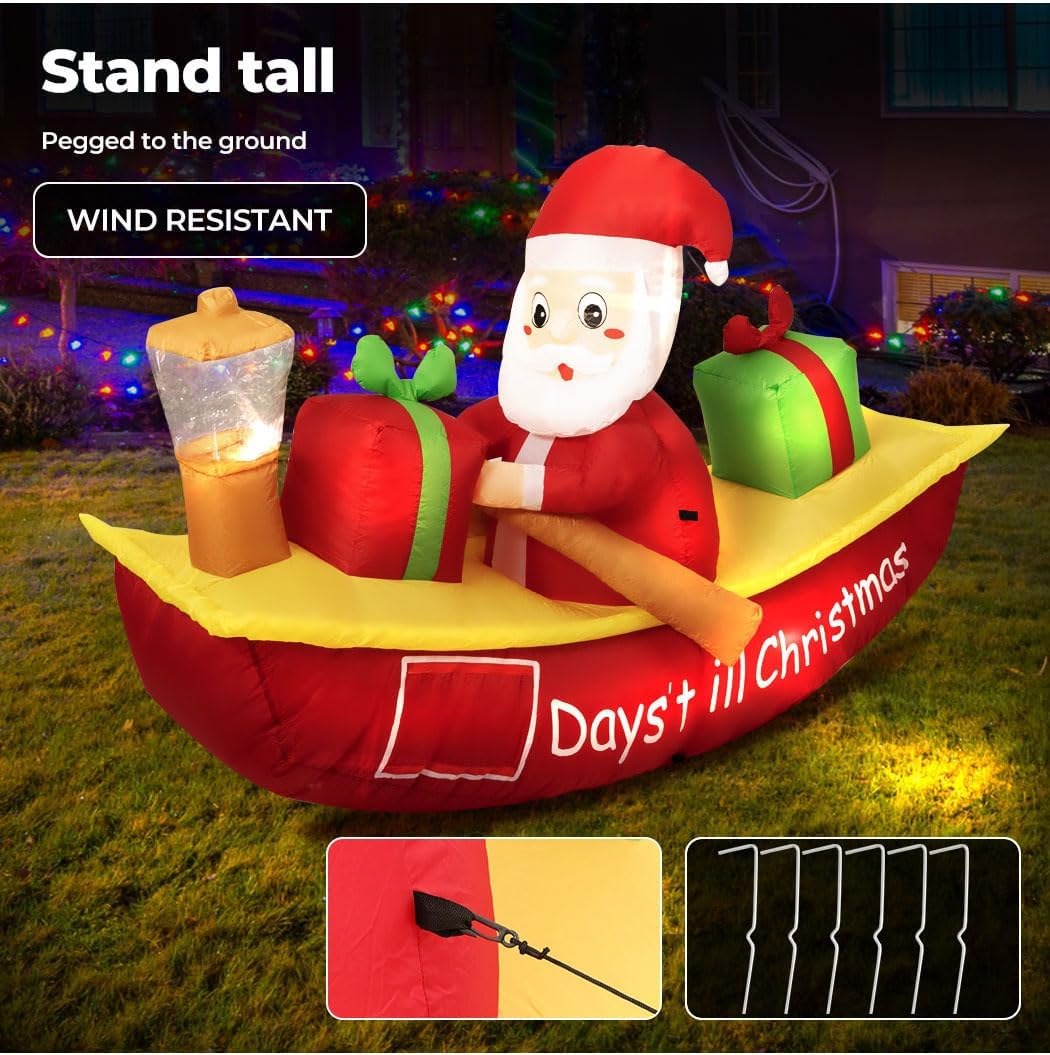 Christmas Inflatable Santa Clau Boat Xmas Indoor Decorations with LED Lights,Fast Self-Inflatable and deflatable,Waterproof Home Garden Holiday Party Outdoor Decor Red Colour 135cm x 210cm