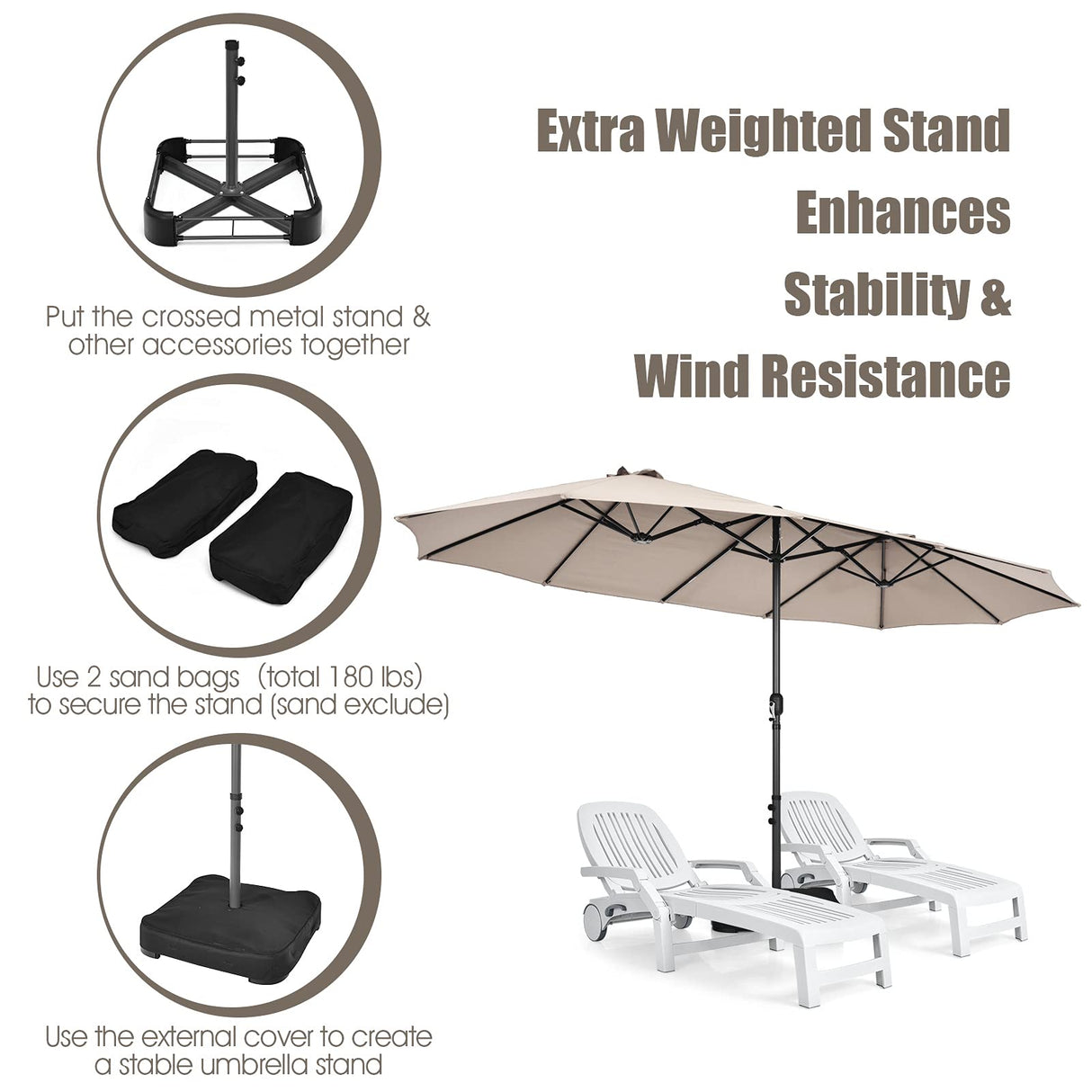 15FT Double-Sided Patio Umbrella, Ultra-Large Twin Garden Umbrella w/ 12-Rib Structure & Hand-Crank System, Outdoor Market Umbrella w/Enhanced Base for Residential & Commercial Use