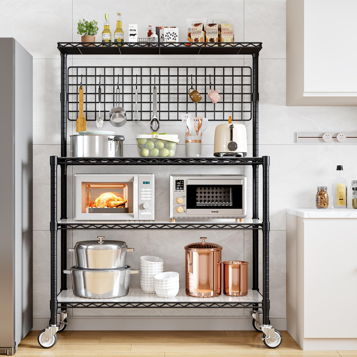 Kitchen Bakers Rack with Adjustable Shelf, 4-Tier Heavy Duty Kitchen Storage Rack with Wheels, Microwave Stand for Big Microwave, Metal Utility Kitchen Appliances Storage Shelf